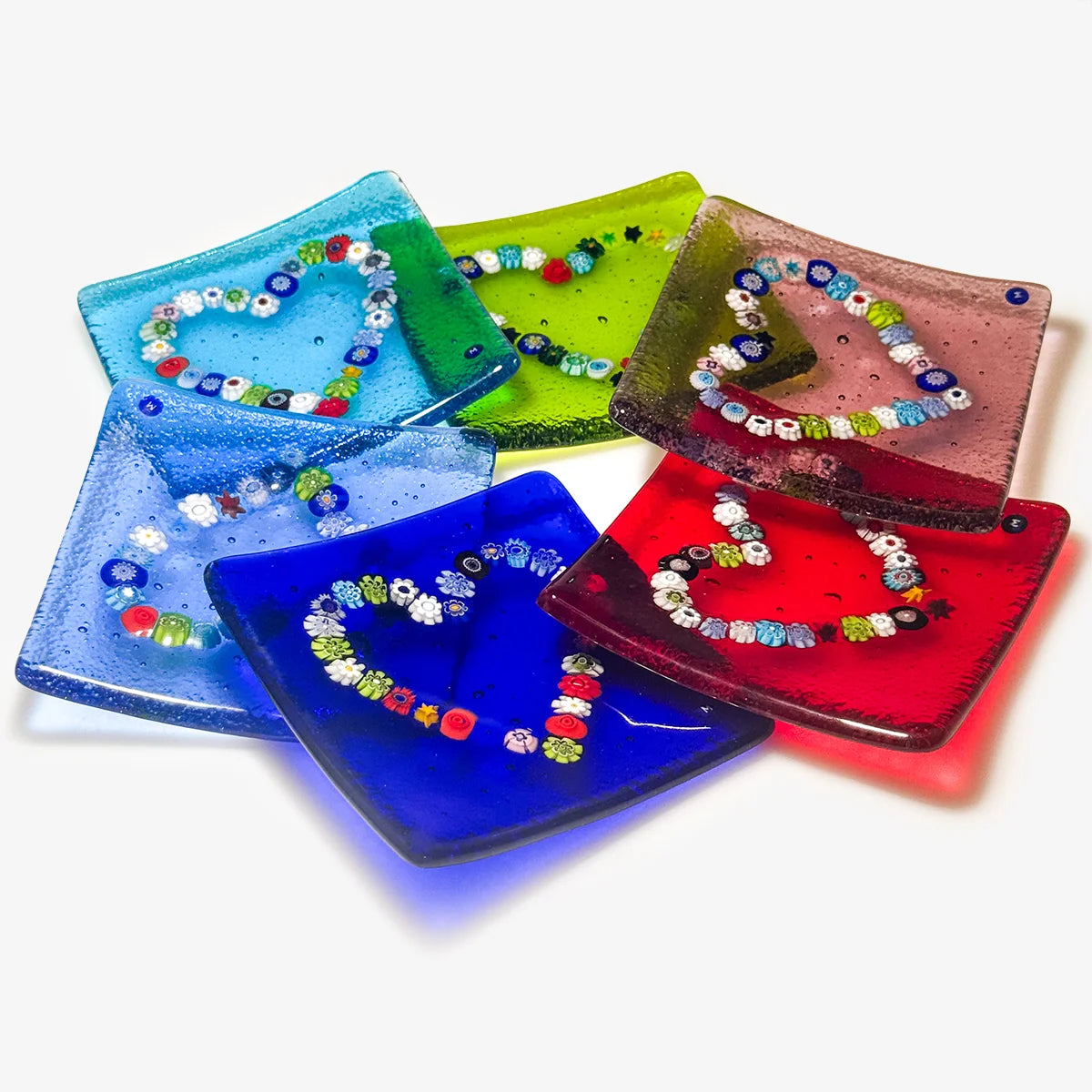 Murano Glass 4 inch Flat Catch-all Millefiori Dish - Heart Design