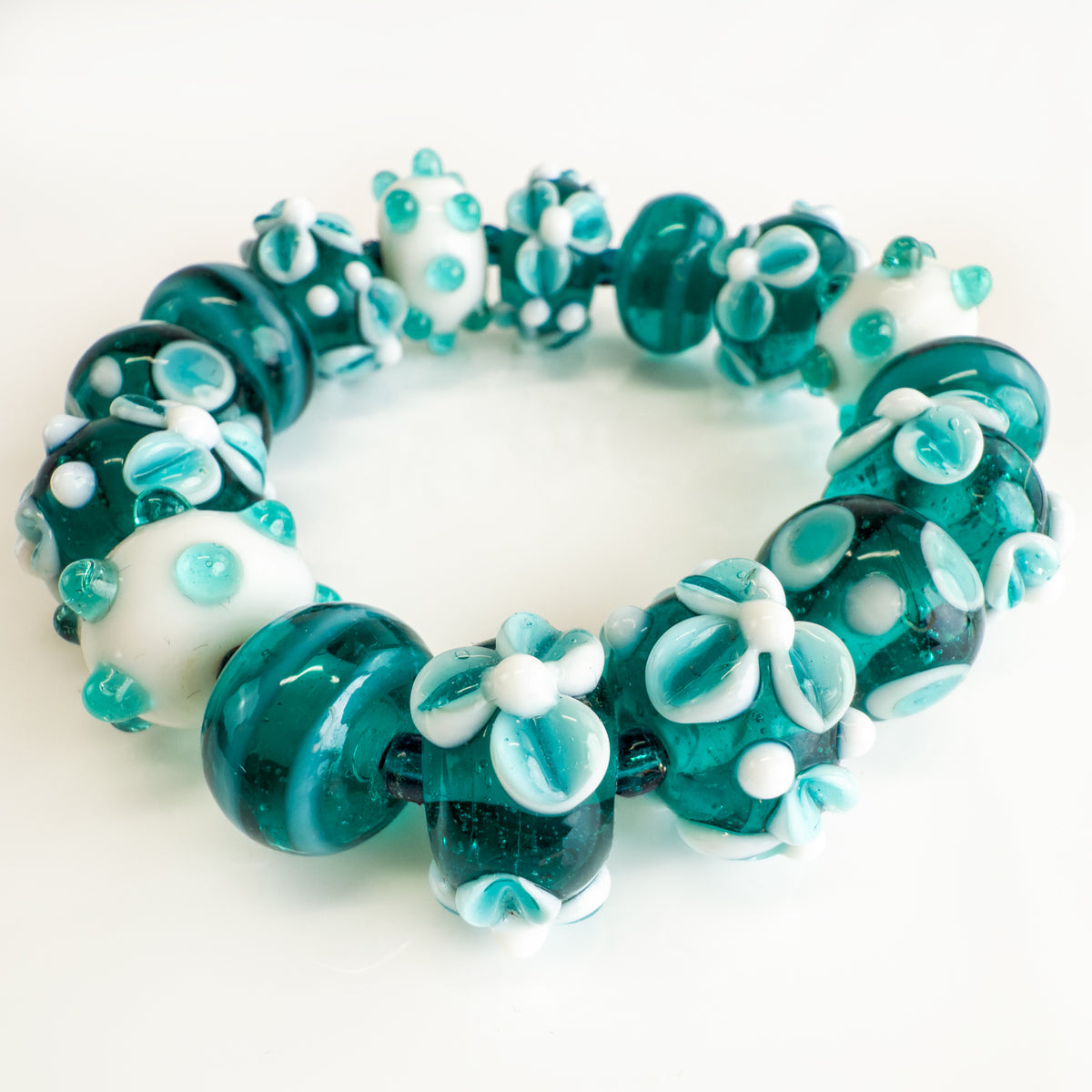 Floral Bead Bracelet / Earrings, Turquoise, Teal, Murano Glass