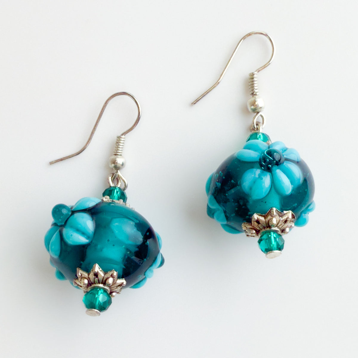 Floral Bead Bracelet / Earrings, Turquoise, Teal, Murano Glass