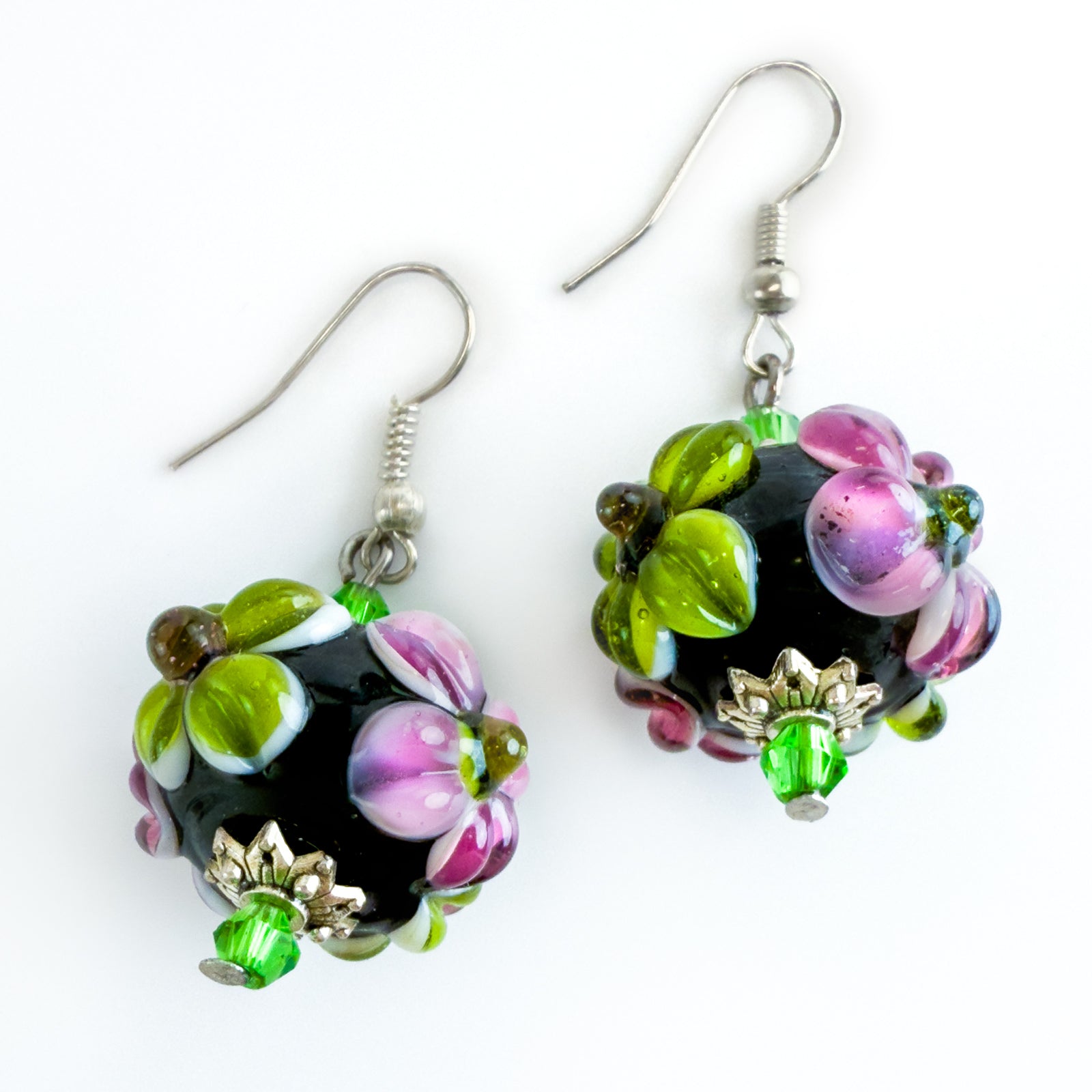 Big Beaded Bracelet / Earrings, Floral Black Pink, Handcrafted in Italy - My Italian Decor