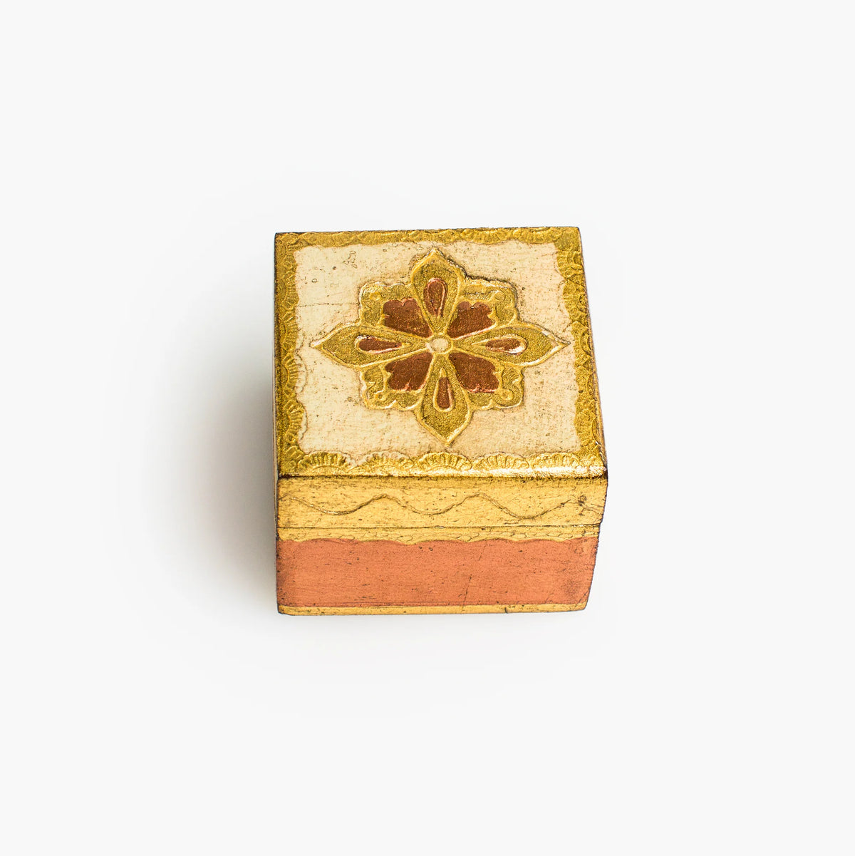 Florentine carved mini wood jewelry box with lid, decorative ring box from My Italian Decor featuring intricate patterns and craftsmanship.
