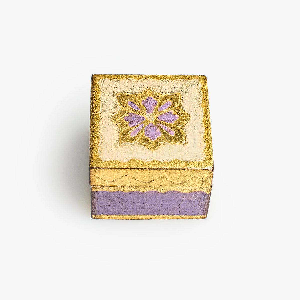 Decorative Florentine carved mini wood jewelry box with lid, featuring intricate patterns and a compact design.