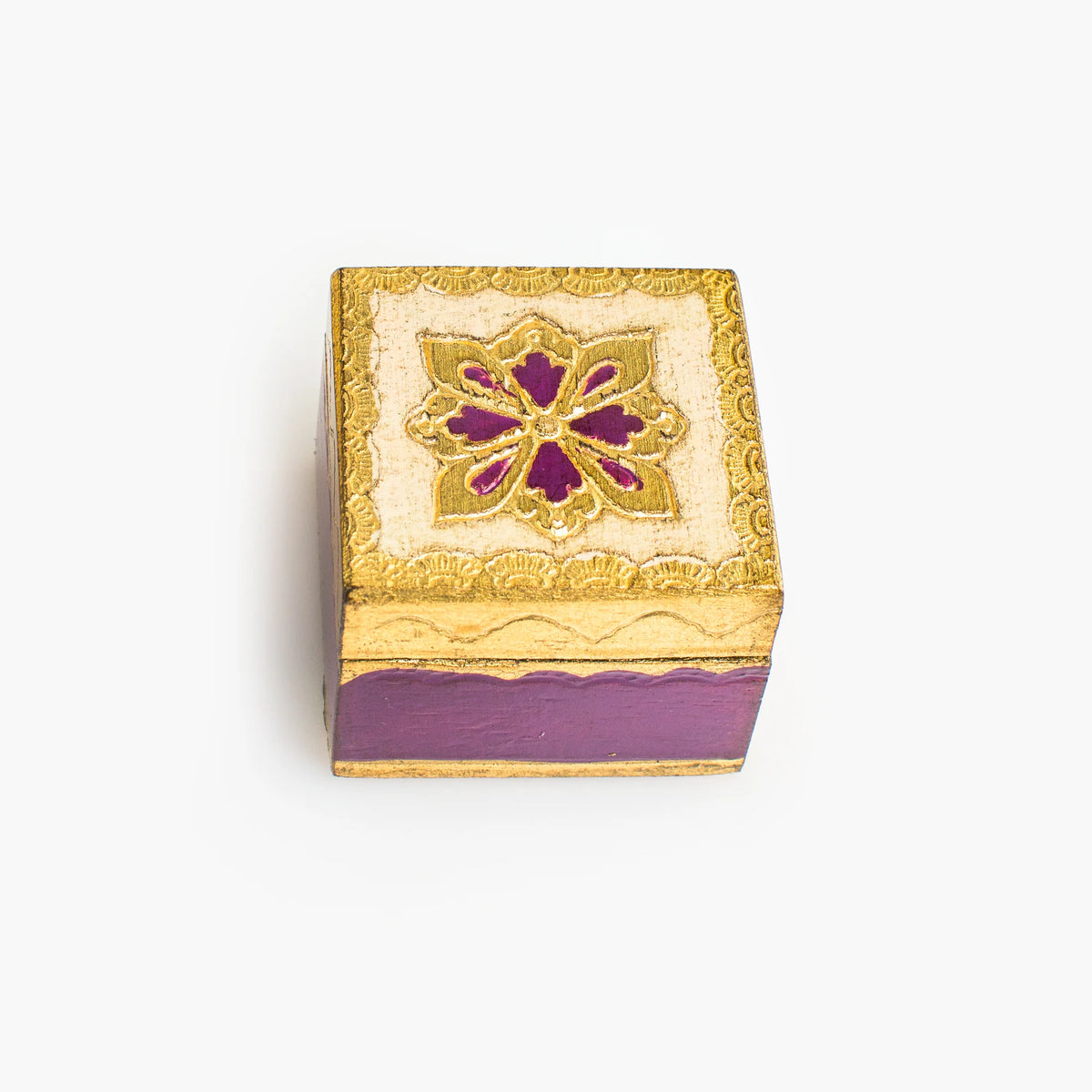 Decorative Florentine carved mini wood jewelry box with lid, featuring intricate patterns, ideal for rings and small treasures.