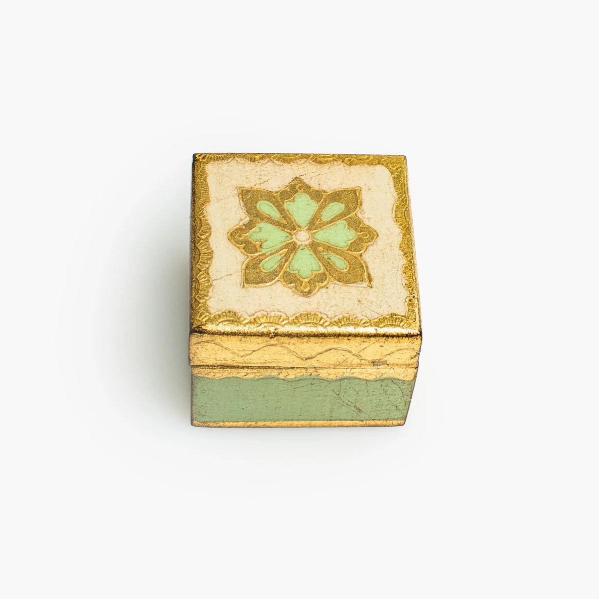 Decorative Florentine carved mini wood jewelry box with lid from My Italian Decor, featuring intricate patterns and a compact design.