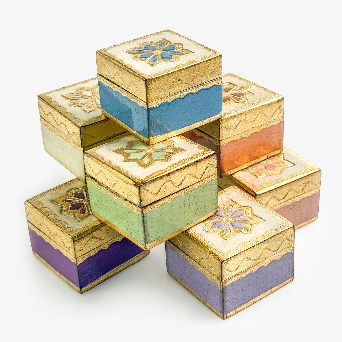 Florentine carved mini wood jewelry box with lid, decorative ring box from My Italian Decor, featuring intricate carved patterns.