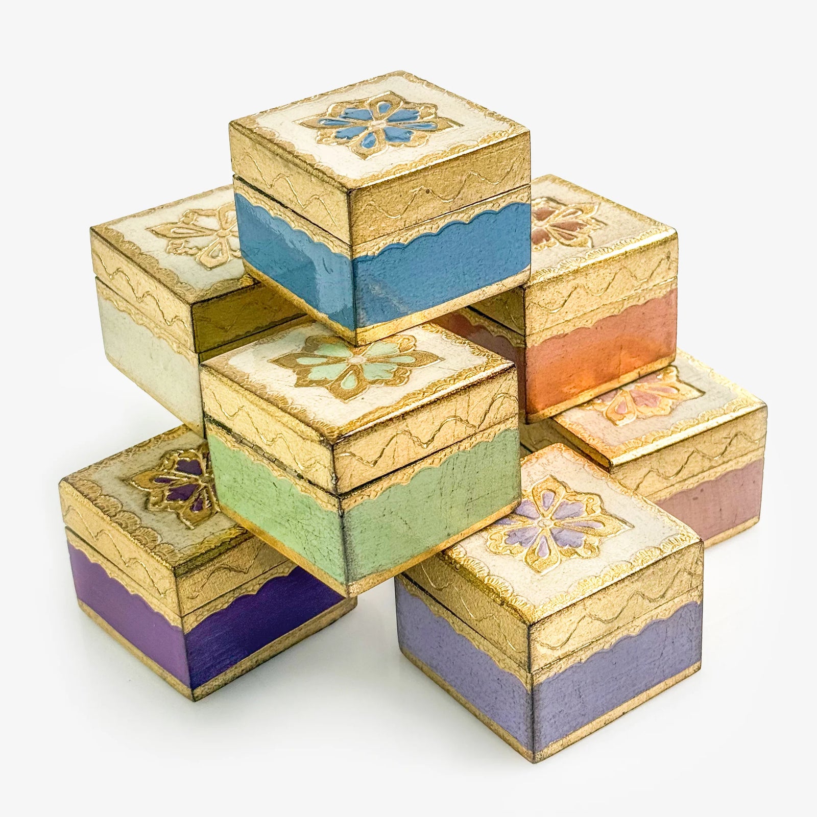 Florentine carved mini wood jewelry box with lid, ring box by My Italian Decor, featuring intricate wood carving details.