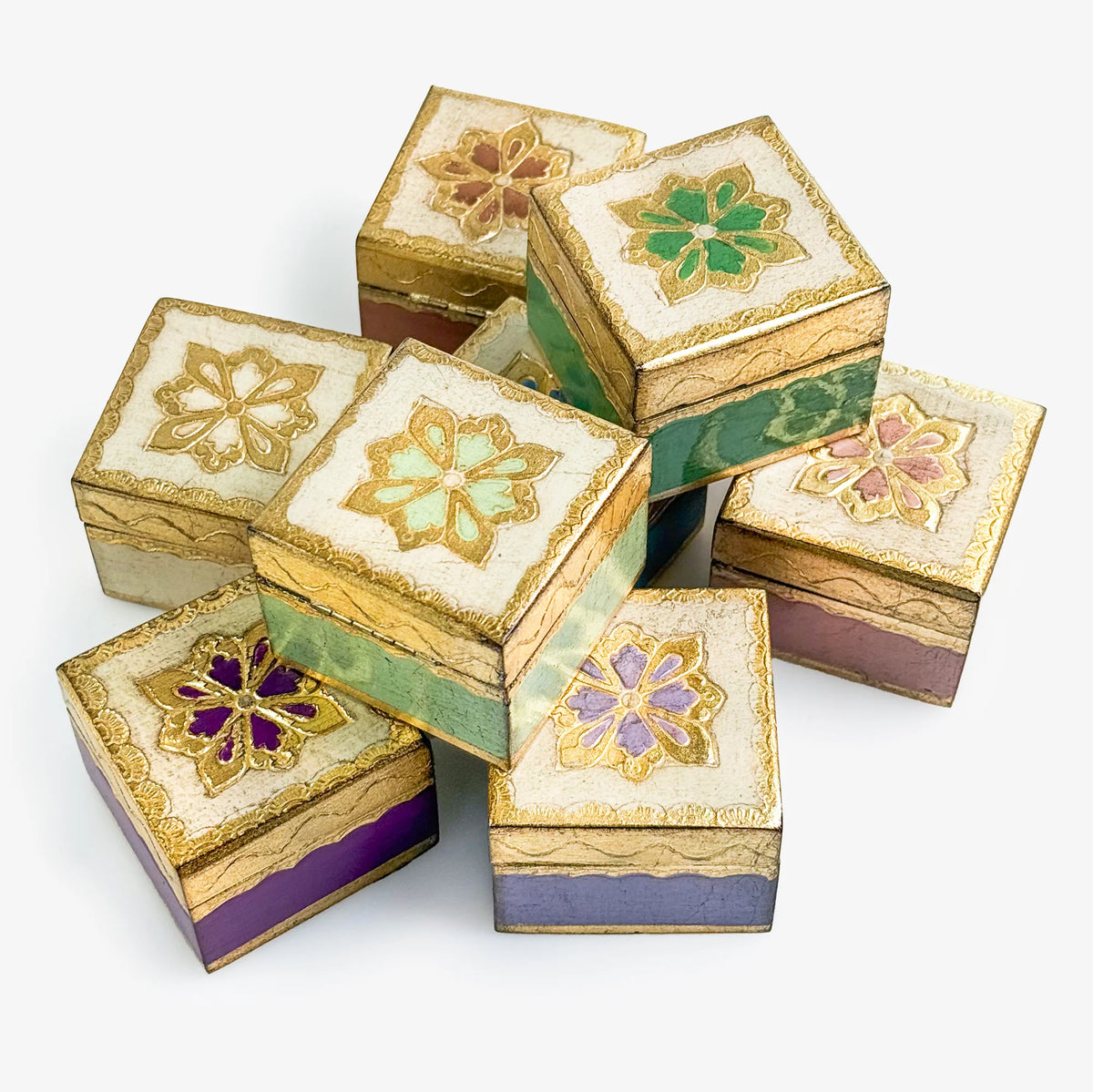 Florentine carved mini wood jewelry box with lid from My Italian Decor, featuring intricate floral designs and a compact ring holder.