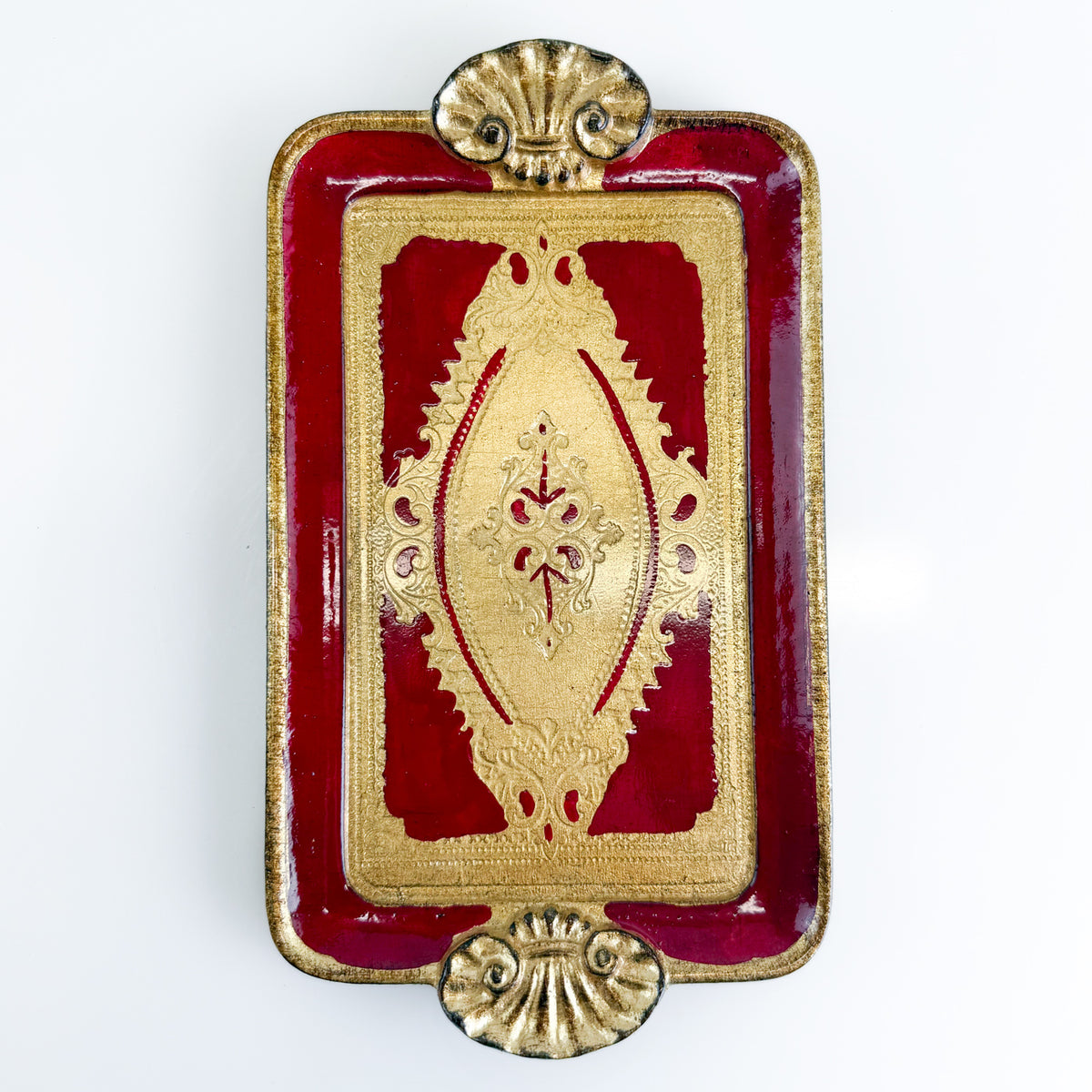 Florentine Carved Wood Rectangle Mini Tray with Shell Handles, Made in Italy