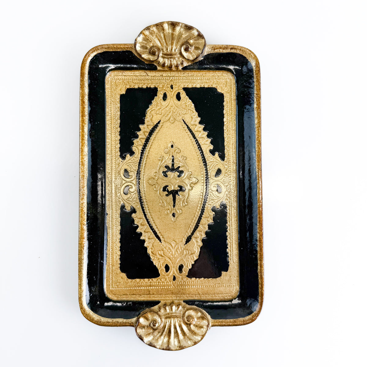 Florentine Carved Wood Rectangle Mini Tray with Shell Handles, Made in Italy