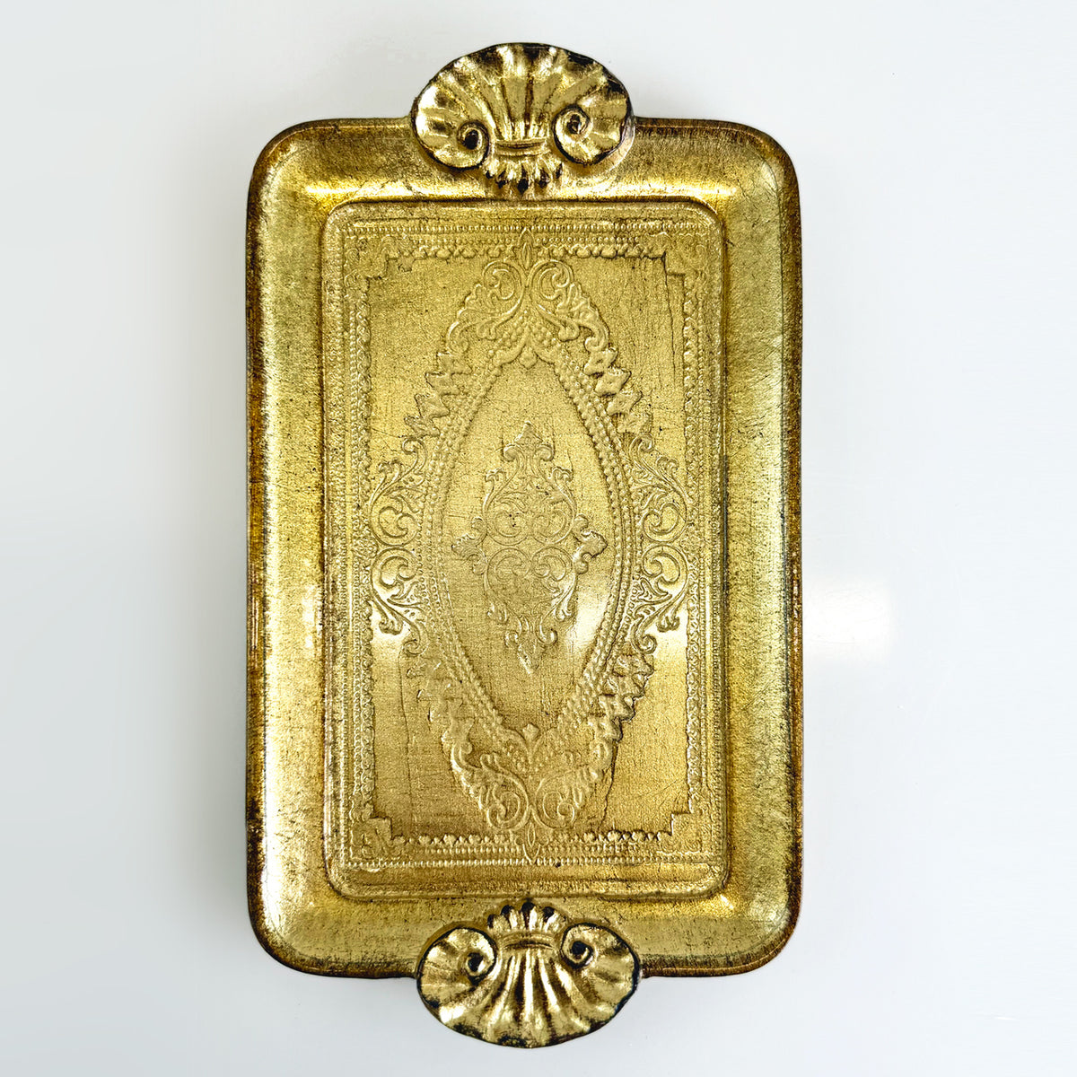 Florentine Carved Wood Rectangle Mini Tray with Shell Handles, Made in Italy