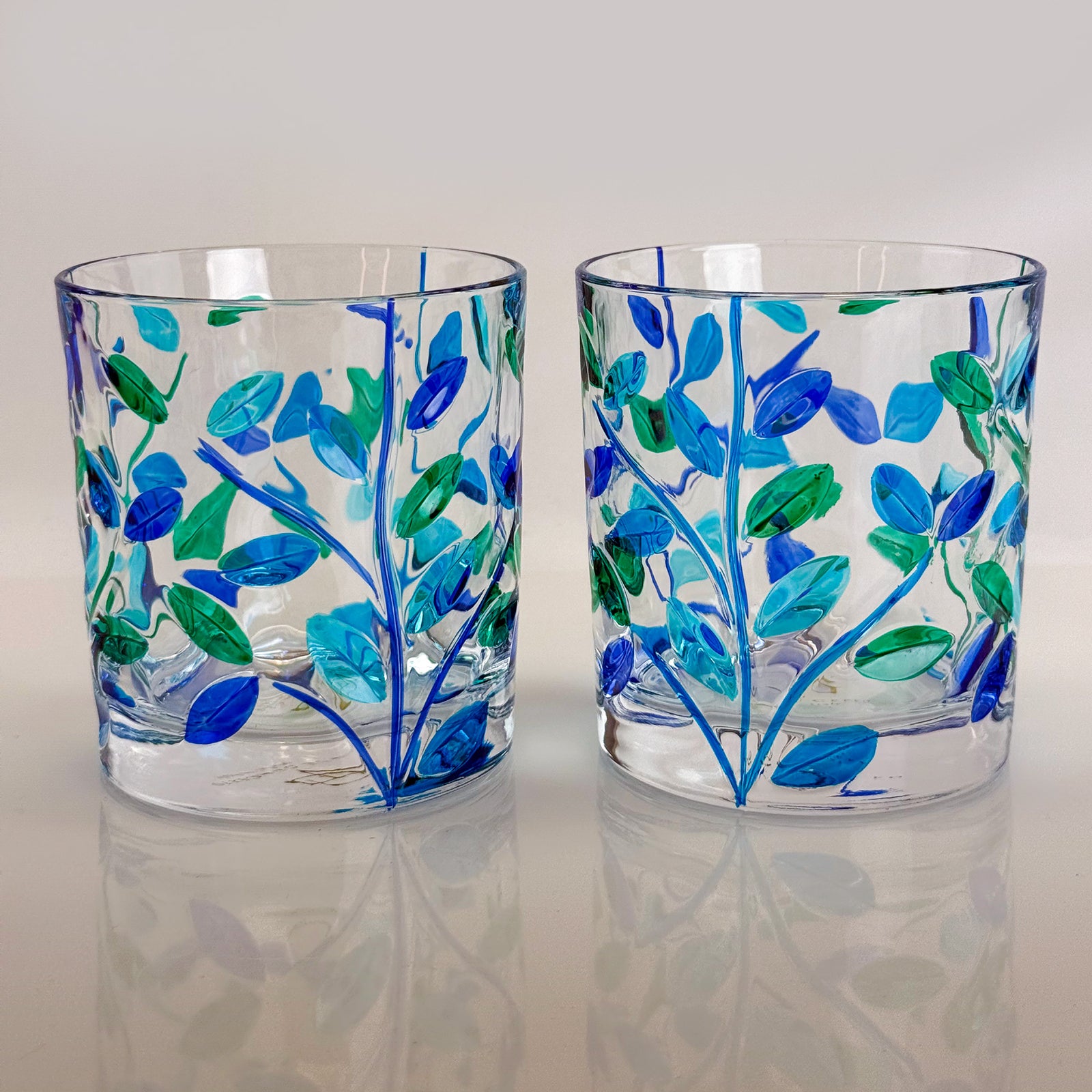 Set of 2 Short Drink Glasses, Flowervine, Blue Green, Made in Italy - My Italian Decor