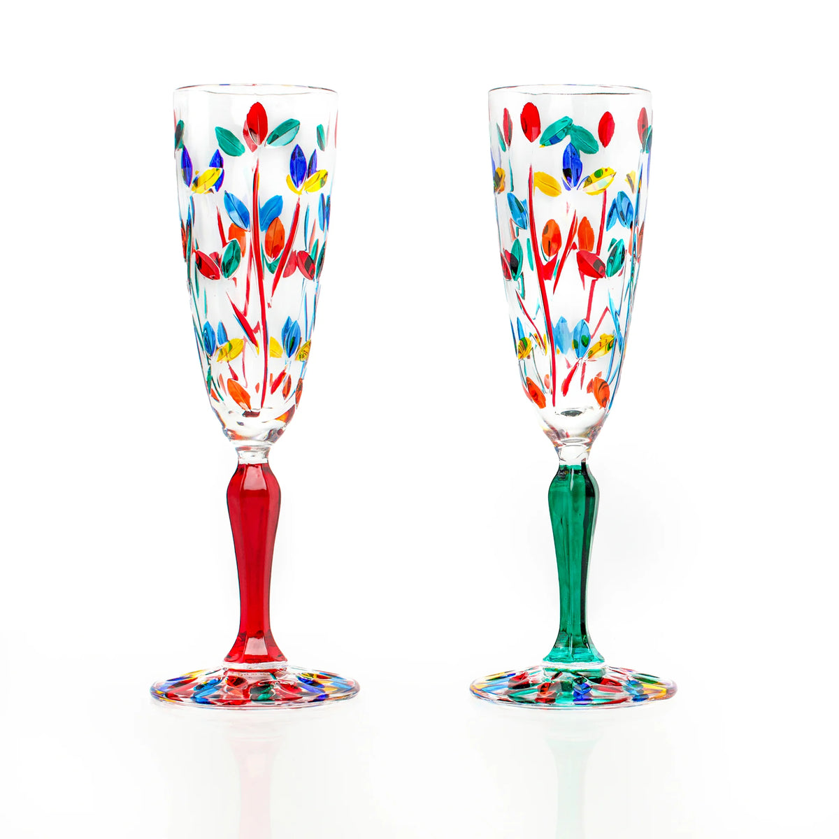 Pair of Flowervine champagne glasses by MyItalianDecor, clear glass with floral vine design, made in Italy, set of two.