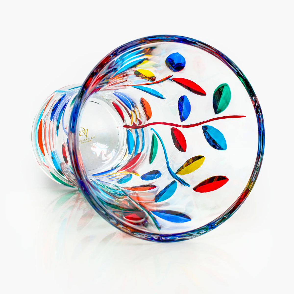 Large 12-inch hand-painted Italian crystal Flowervine Tree of Life vase with intricate floral design and vibrant colors.