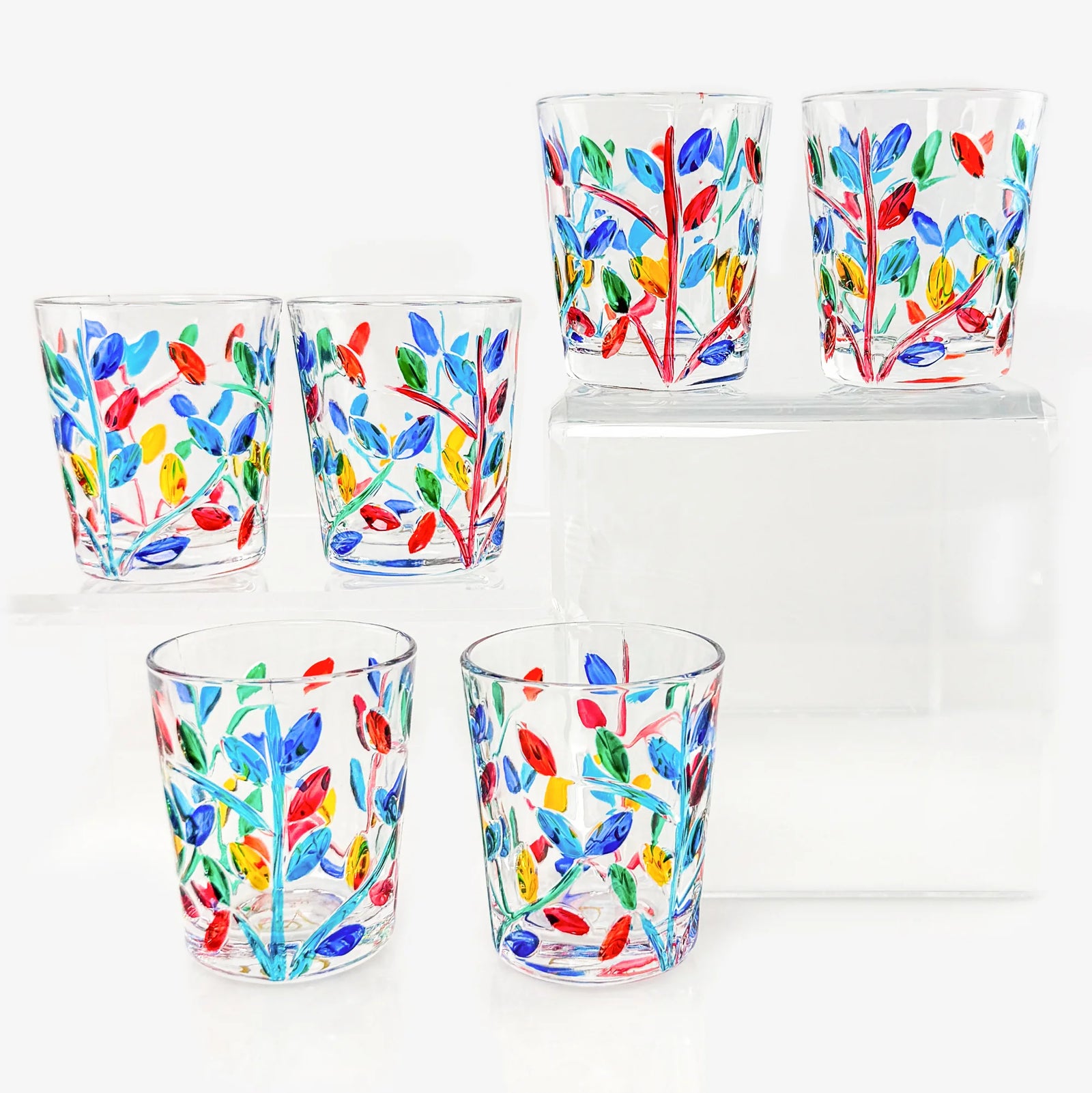 Set of six Italian crystal shot glasses with floral vine design by MyItalianDecor, made in Italy.
