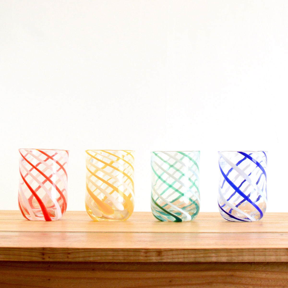 Italian Handblown Glass Tumblers - Blue, Red, Green, Yellow, Spiral Design