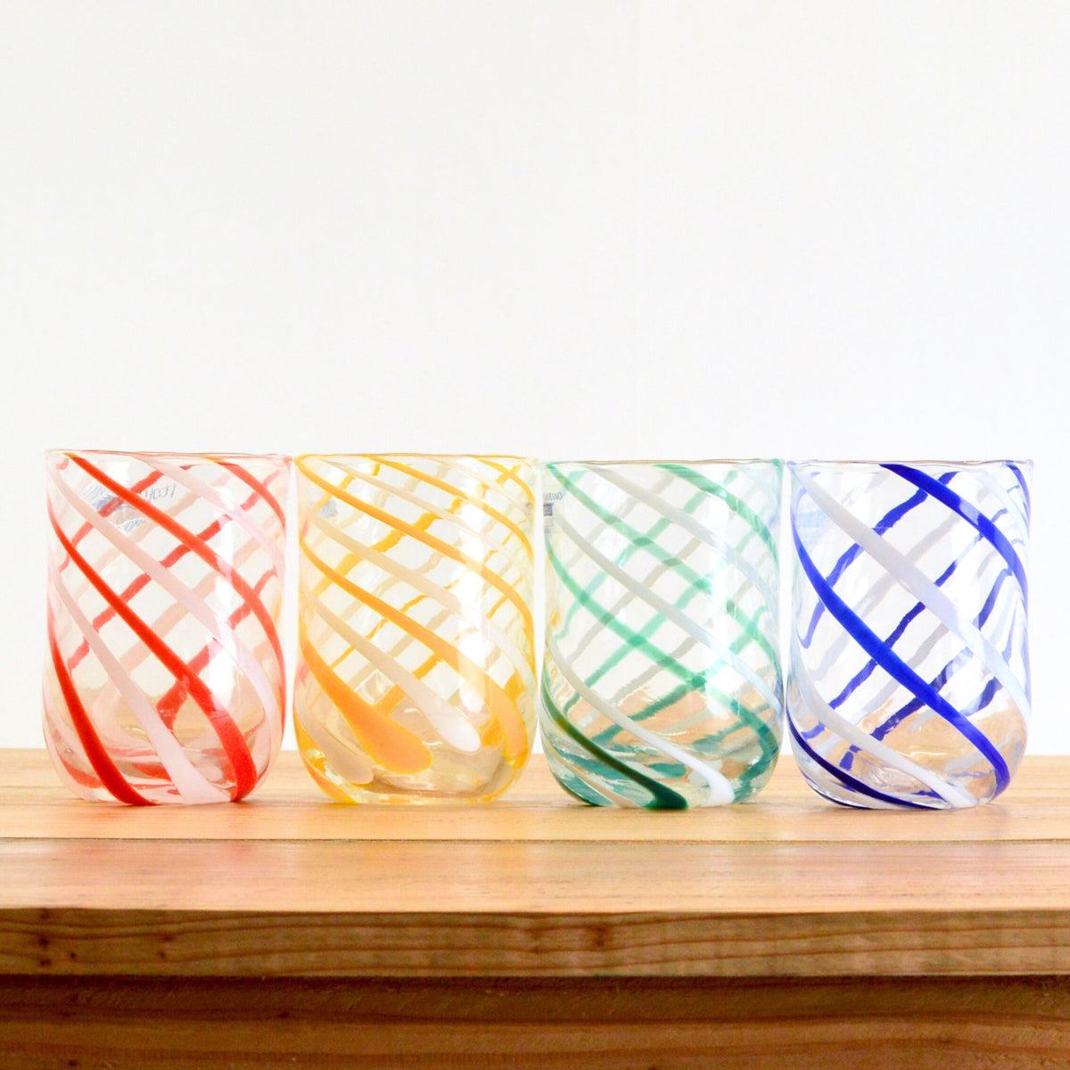 Italian Handblown Glass Tumblers - Blue, Red, Green, Yellow, Spiral Design