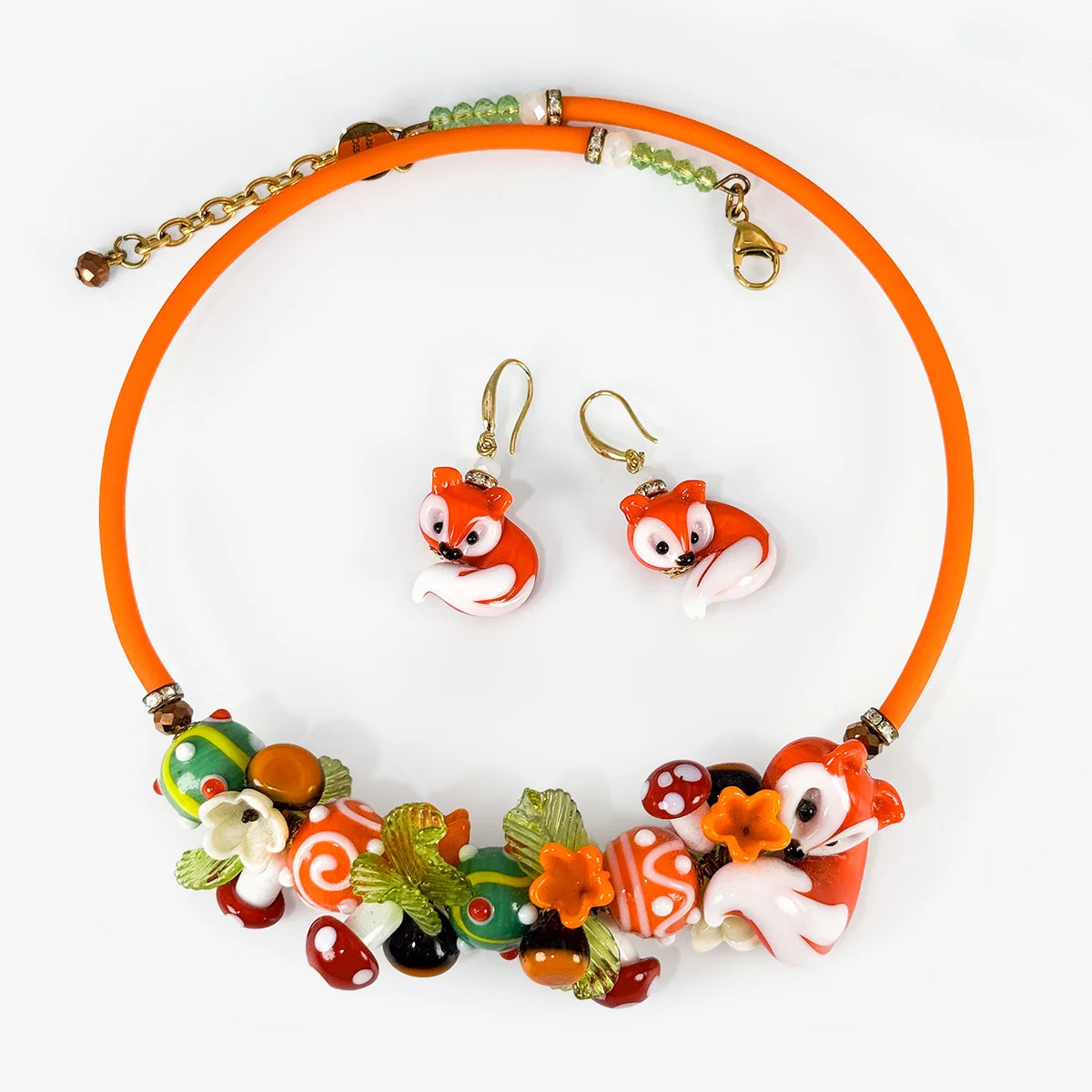Handmade Murano glass fox necklace and earrings jewelry set by My Italian Decor, featuring colorful, artisan-crafted Murano glass designs.