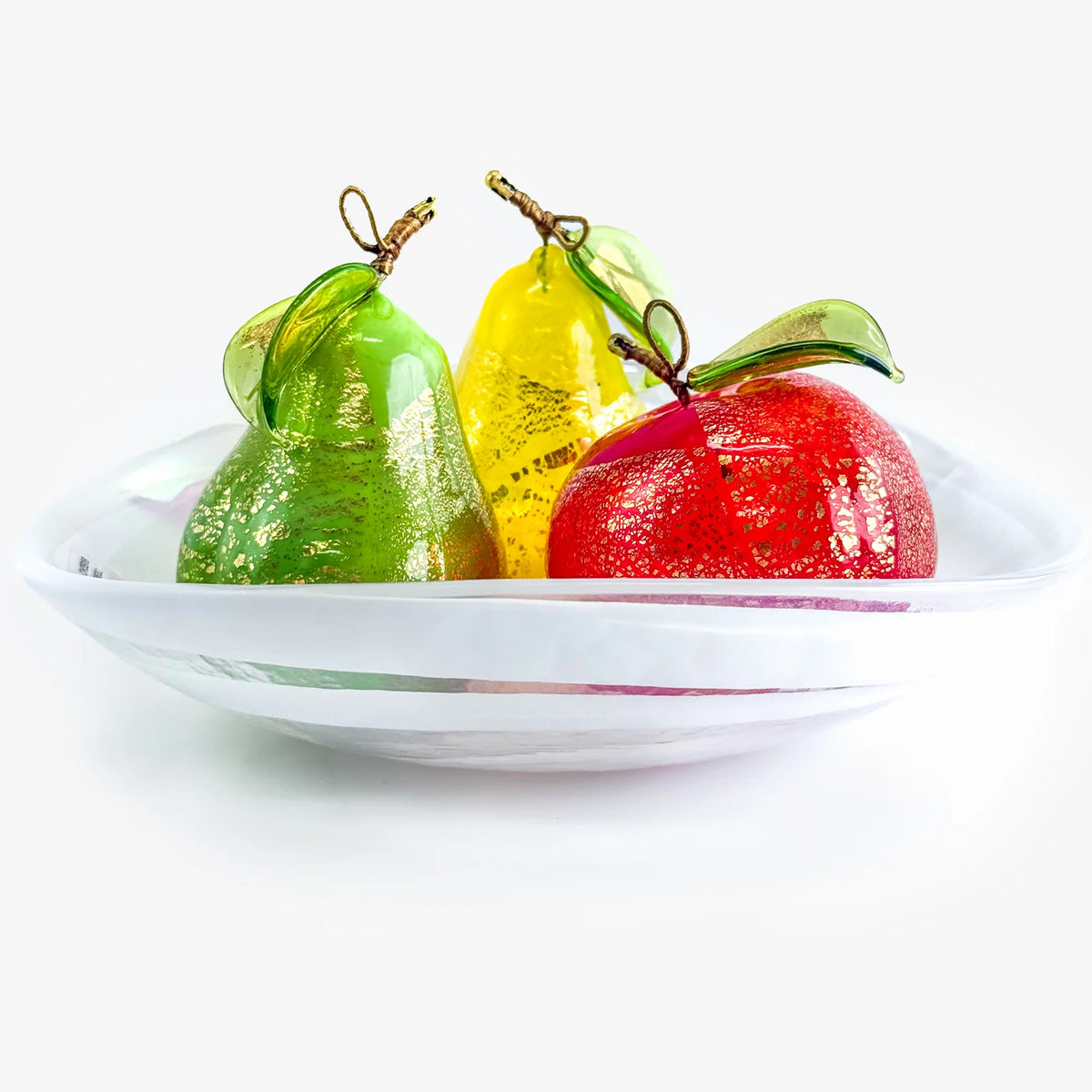 Colorful Murano glass fruit bowl bundle featuring realistic pears and orange figurines by My Italian Decor.