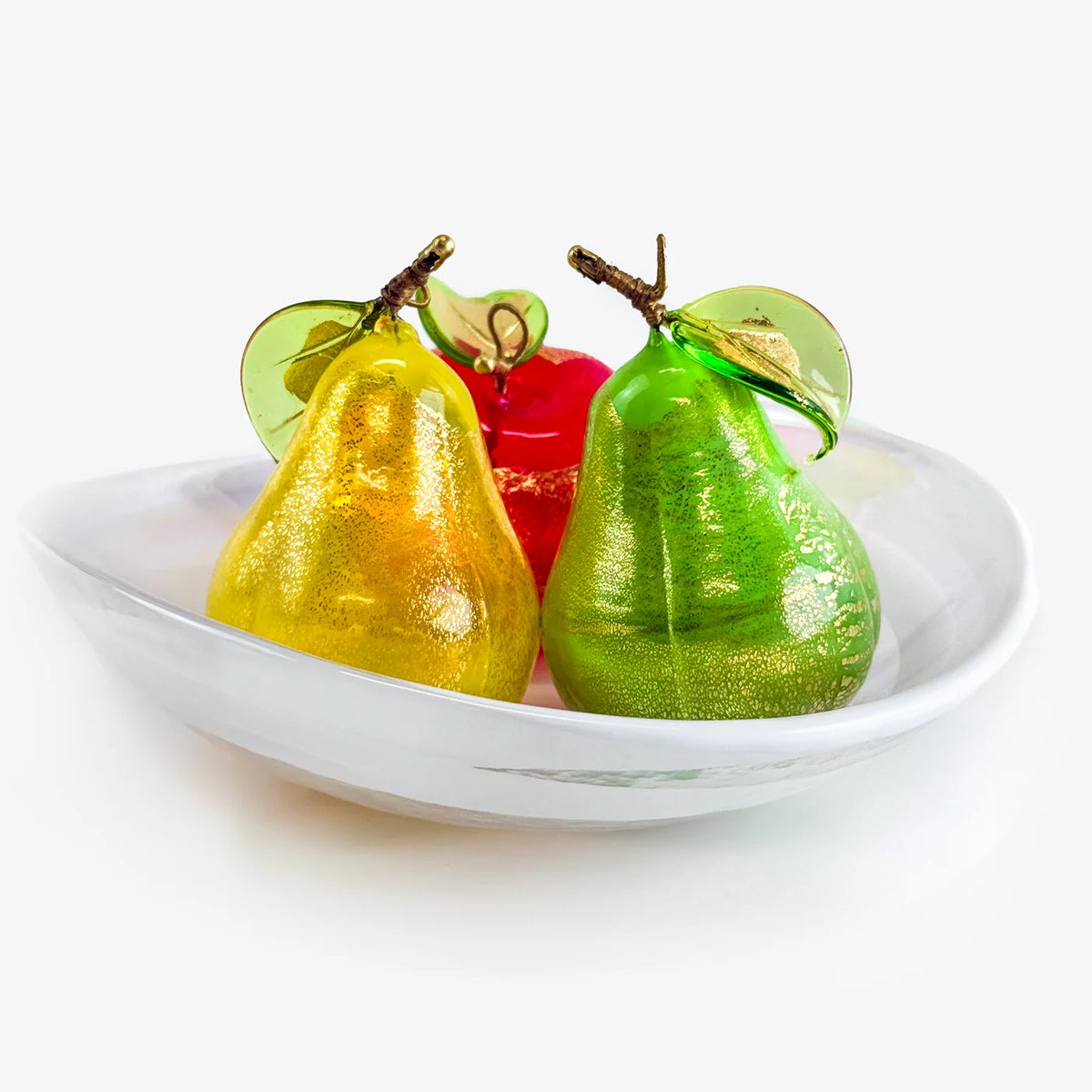 Colorful Murano glass fruit bowl bundle with detailed pear and orange figurines by My Italian Decor, perfect for decorative display.