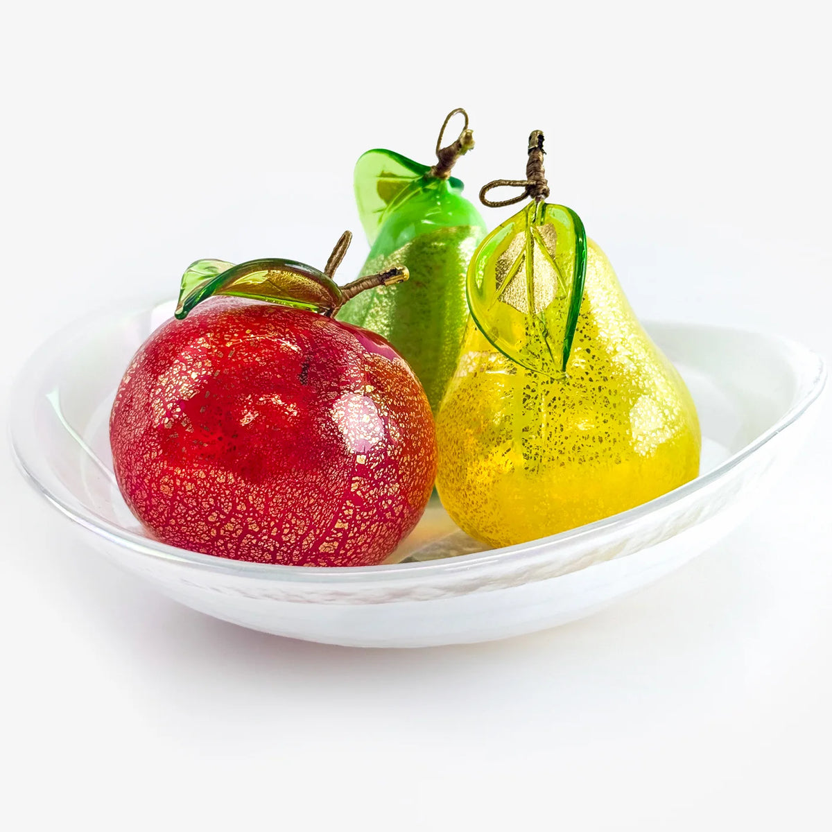 Colorful Murano glass fruit bowl bundle featuring detailed pears and an orange, handcrafted figurines by My Italian Decor.