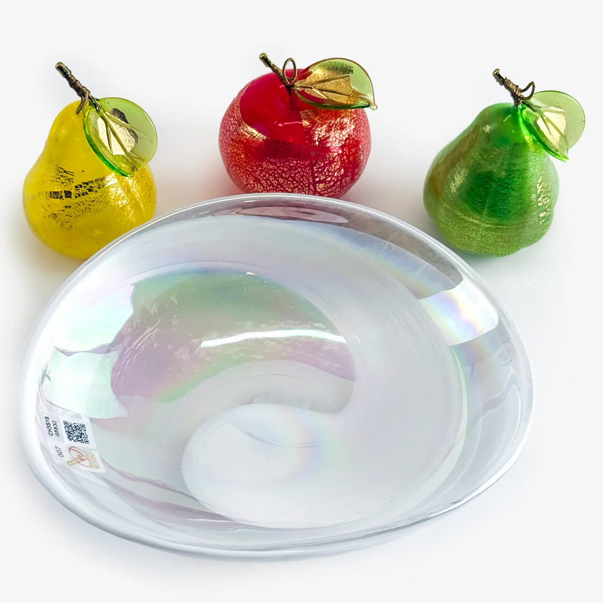 Colorful Murano glass fruit bowl bundle featuring detailed pear and orange figurines by My Italian Decor.