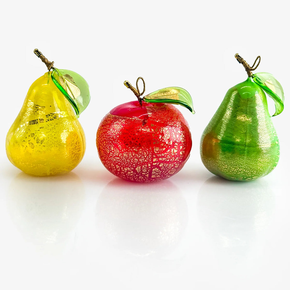 Colorful Murano glass fruit bowl bundle featuring detailed pears and an orange, crafted by My Italian Decor.