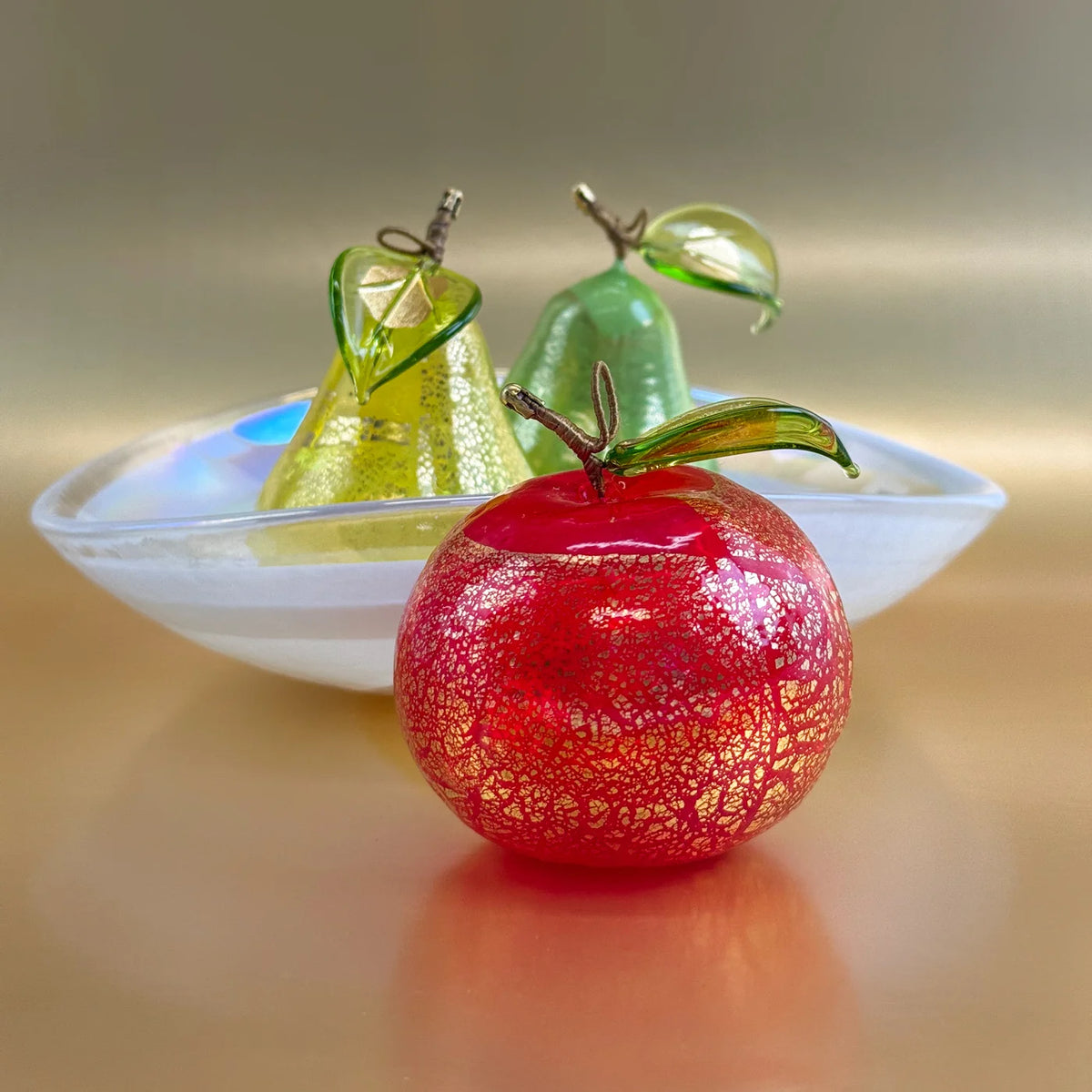 Colorful Murano glass fruit bowl bundle featuring realistic pears and an orange, designed as decorative figurines by My Italian Decor.