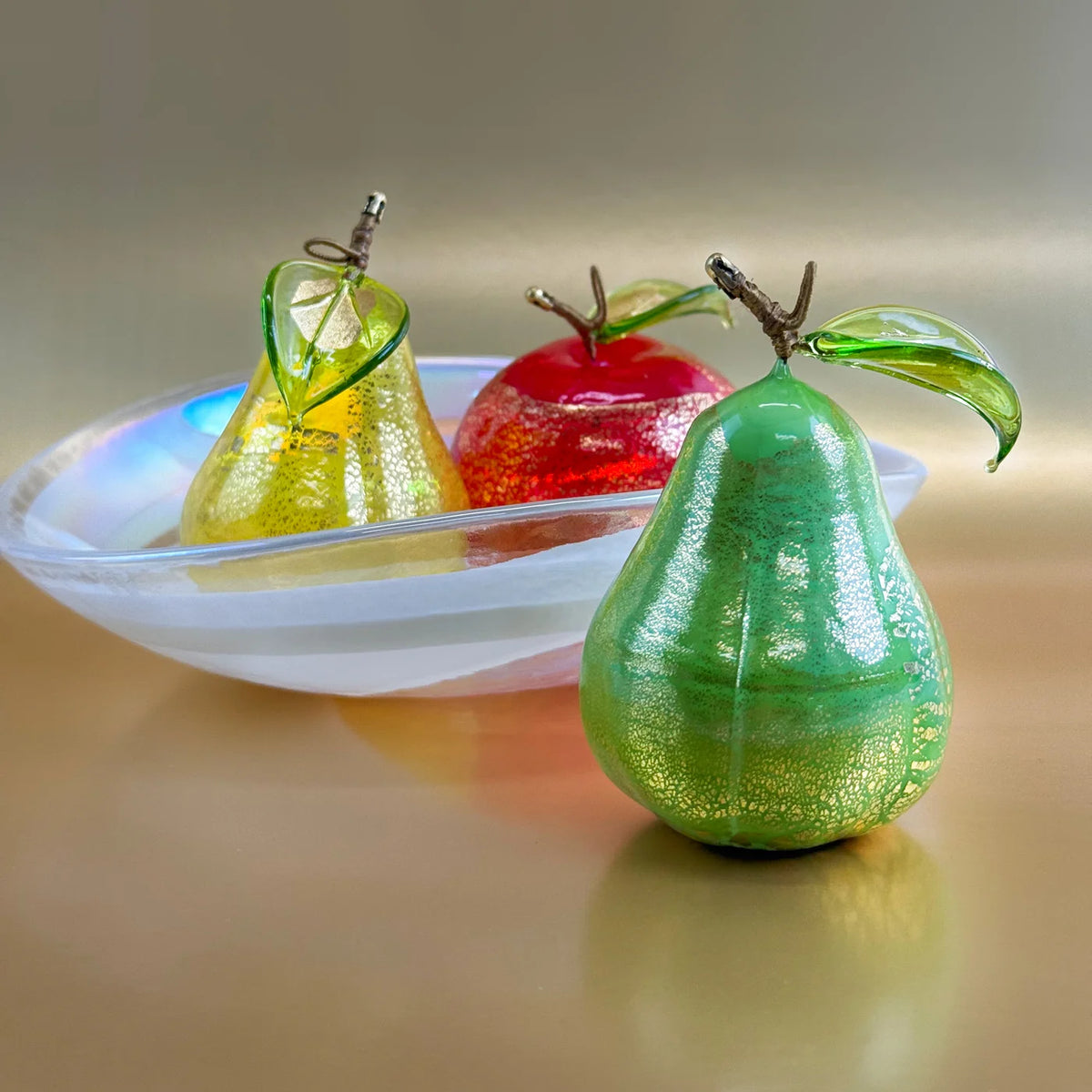 Colorful Murano glass fruit bowl bundle featuring realistic pears and orange figurines by My Italian Decor.