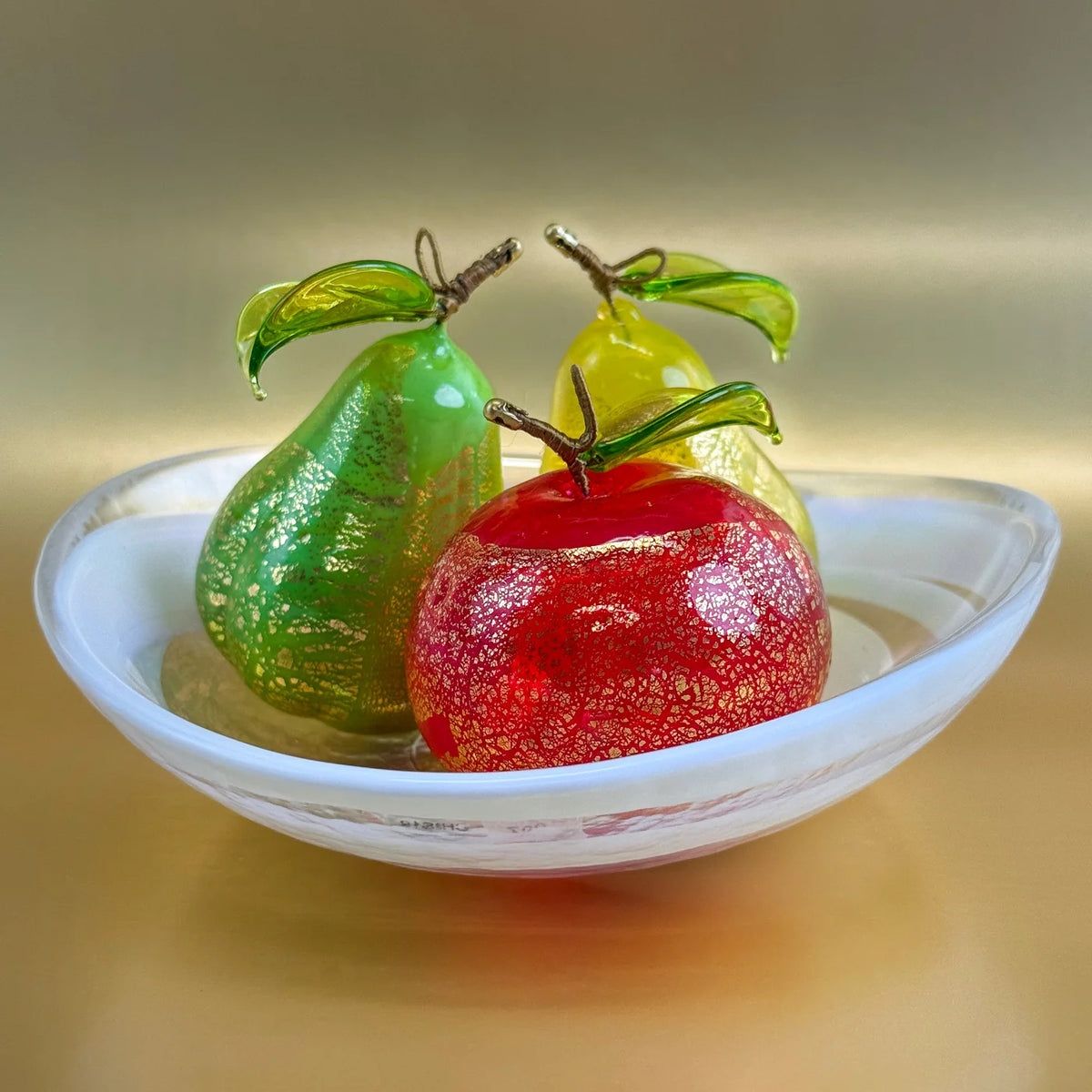 Colorful Murano glass fruit bowl bundle with detailed pears and orange figurines by My Italian Decor, perfect for decorative display.