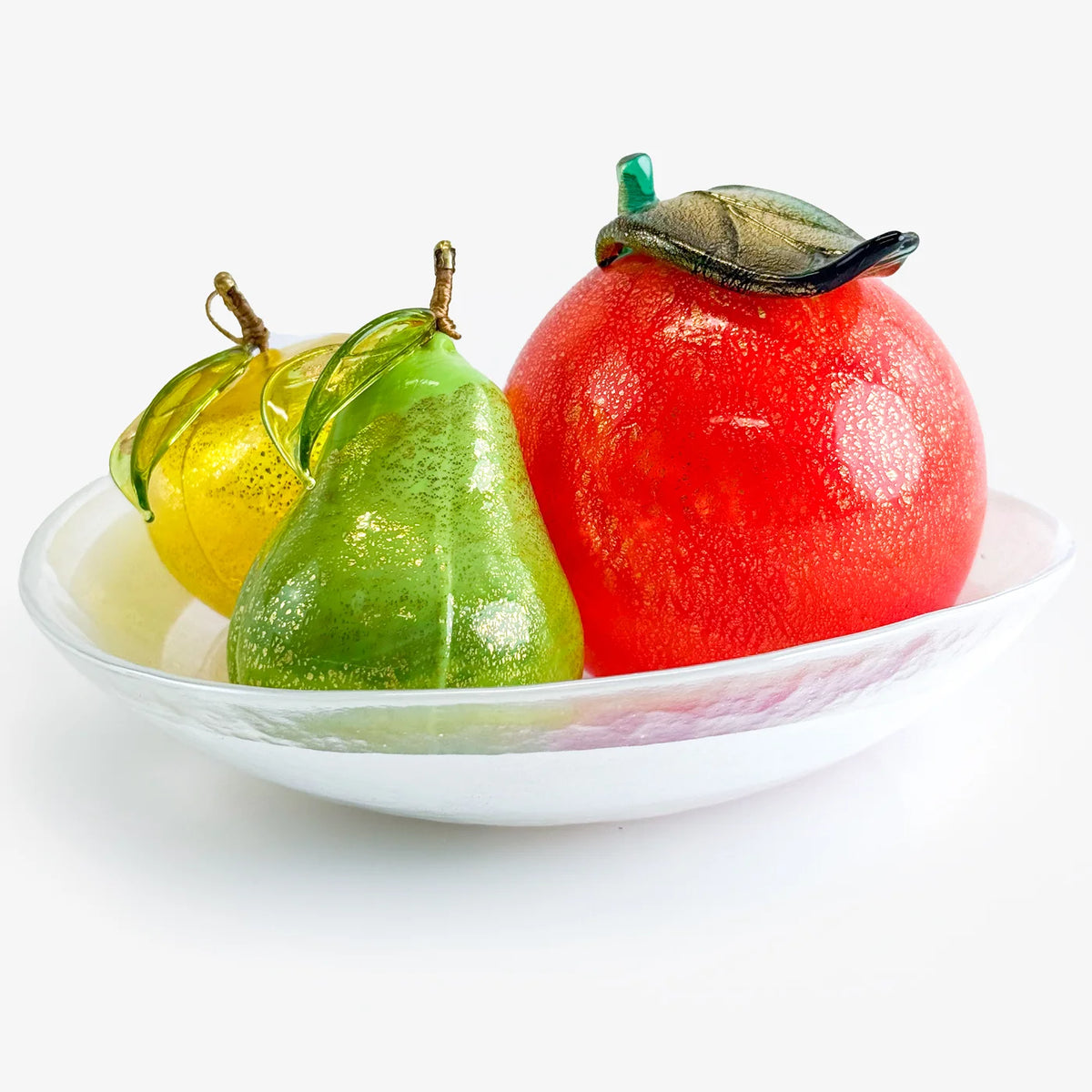 Artificial Murano glass fruit bowl bundle featuring orange, pear, and apple in vibrant colors, from My Italian Decor.