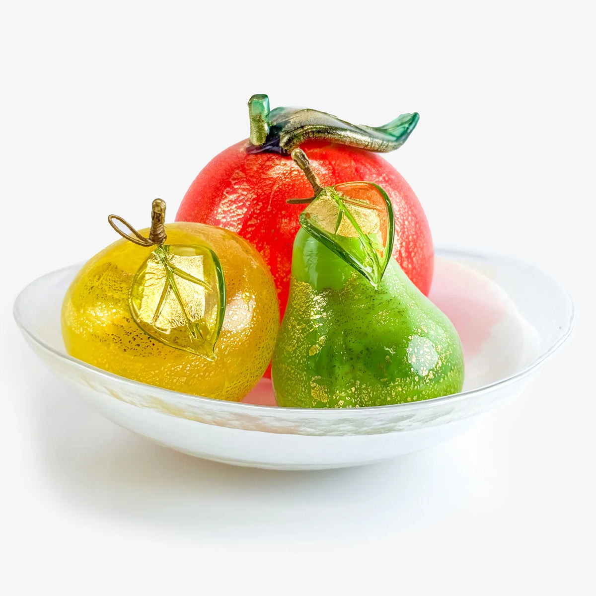 Artificial Murano glass fruit bowl bundle featuring orange, pear, and apple from My Italian Decor, with vibrant, realistic fruit displays.