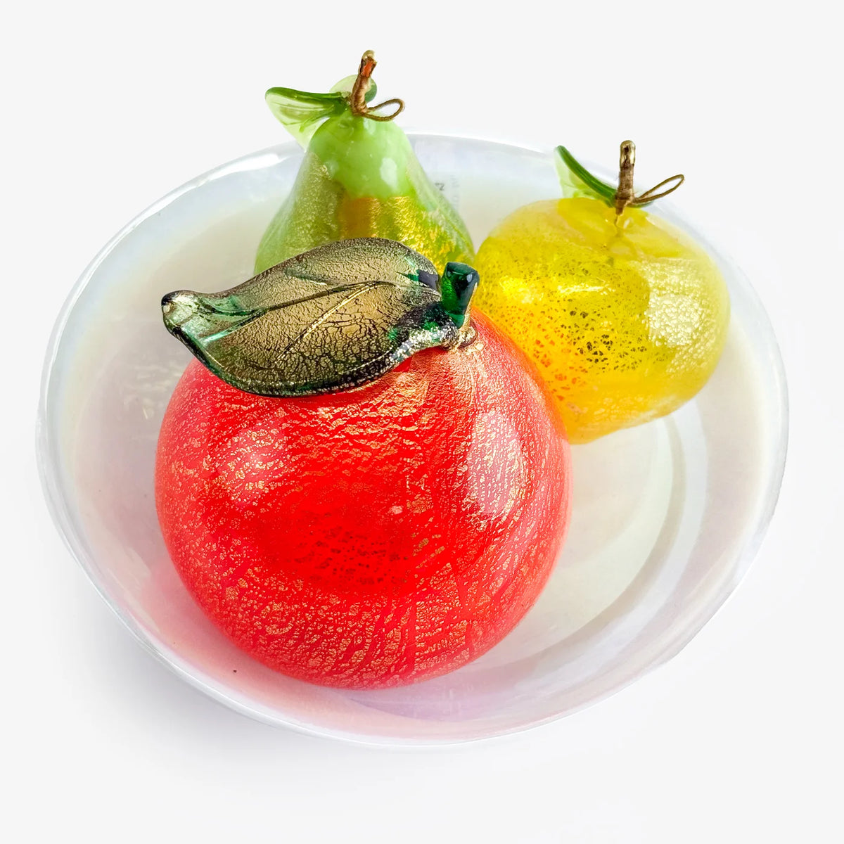 Artificial Murano glass fruit bowl bundle with orange, pear, and apple, featuring colorful, realistic fruit for decorative display.