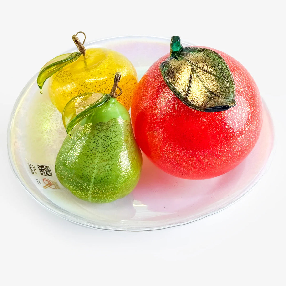 Artificial Murano glass fruit bowl bundle with orange, pear, and apple from My Italian Decor, showcasing vibrant, realistic fruit.