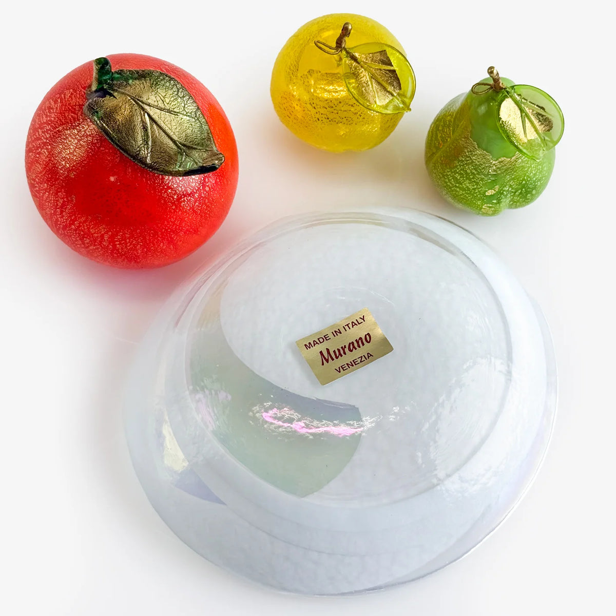 Artificial Murano glass fruit bowl bundle with orange, pear, and apple, crafted by My Italian Decor, displayed on a decorative surface.