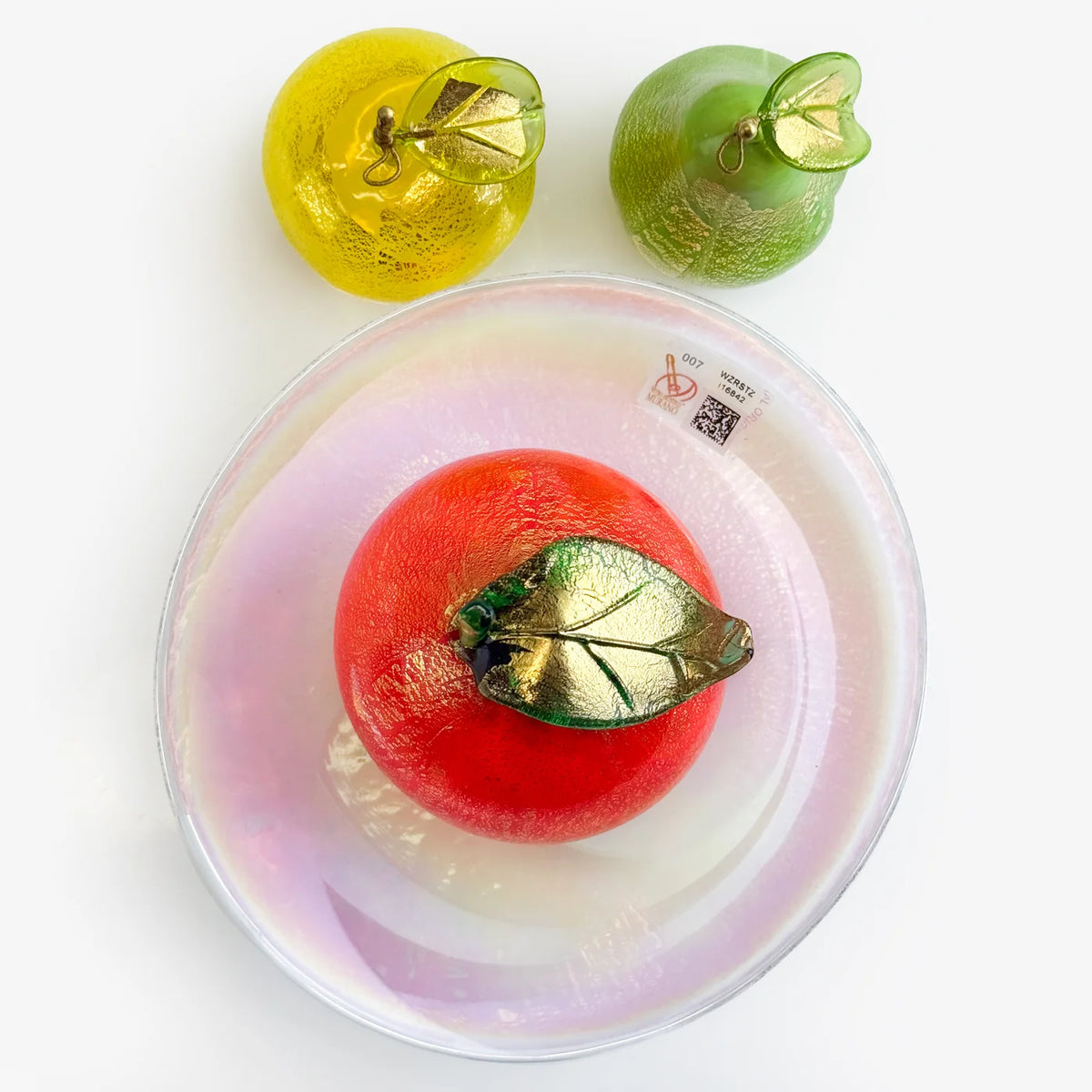 Artificial Murano glass fruit bowl bundle featuring realistic orange, pear, and apple ornaments by My Italian Decor.