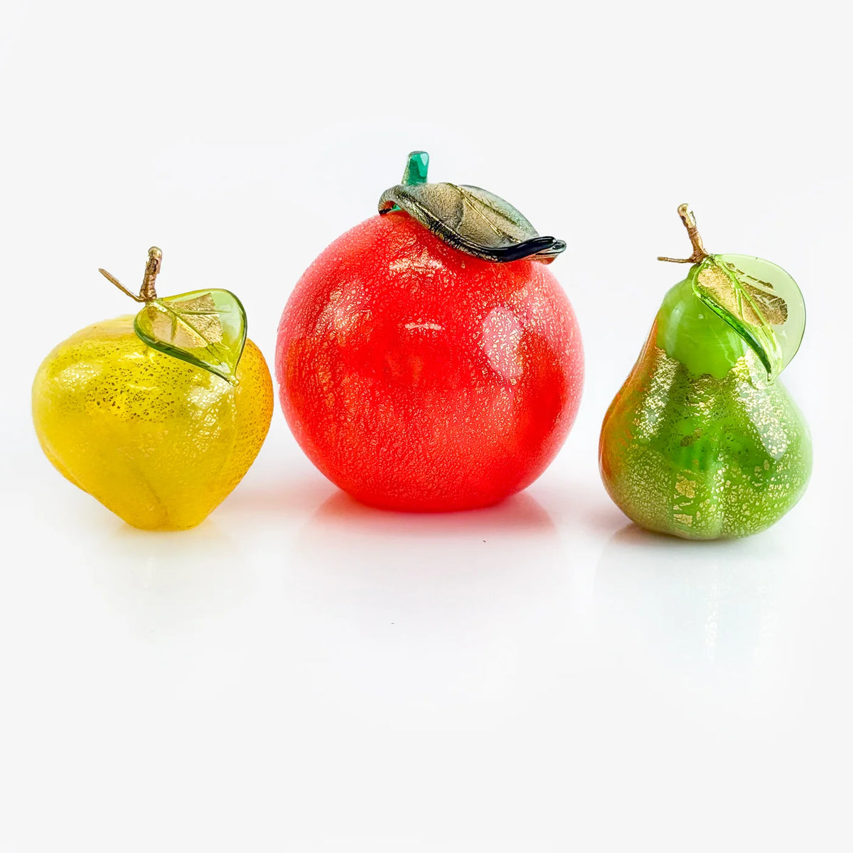 Colorful Murano glass fruit bowl bundle with artificial orange, pear, and apple from My Italian Decor.