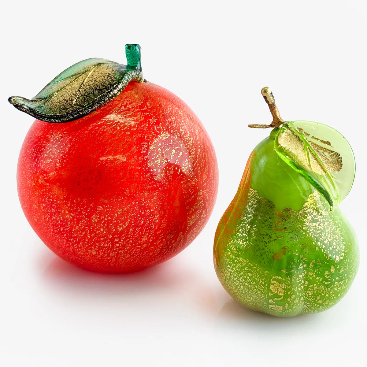 Colorful Murano glass fruit bowl bundle featuring artificial orange, pear, and apple from My Italian Decor.