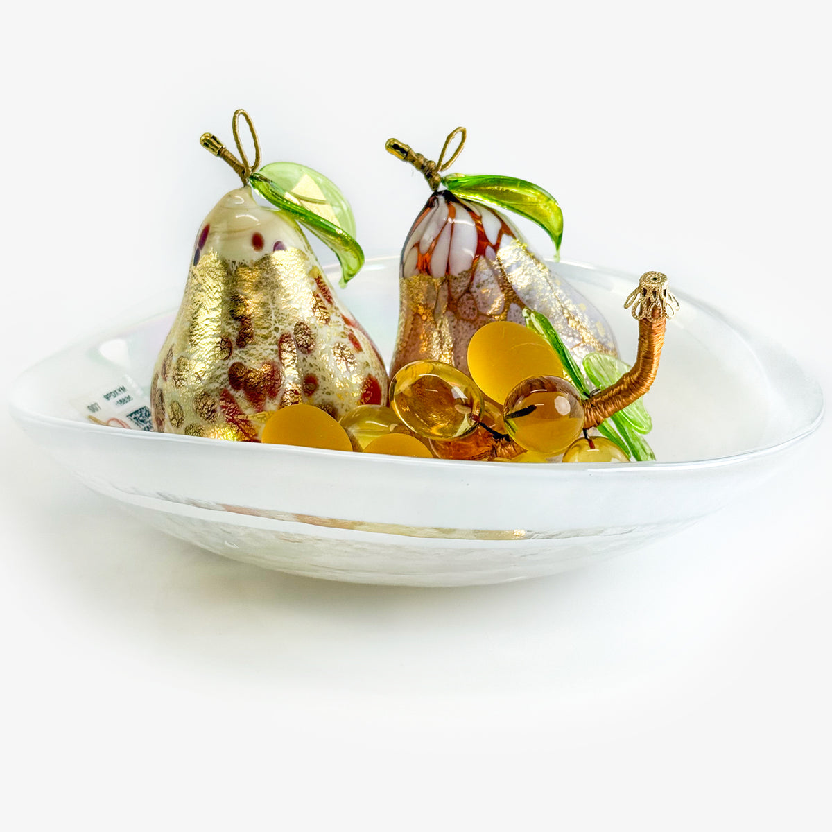 Artificial Murano glass fruit bowl bundle with pears and grape cluster, decorative floral display by My Italian Decor