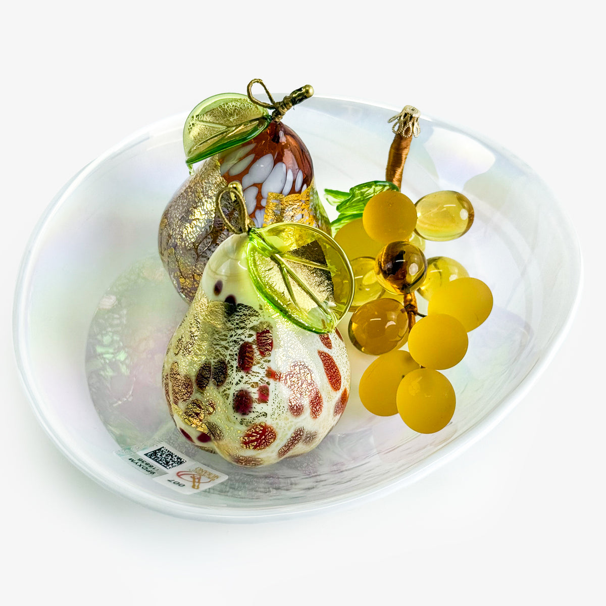 Artificial Murano glass fruit bowl bundle featuring realistic pears and grape cluster from My Italian Decor.