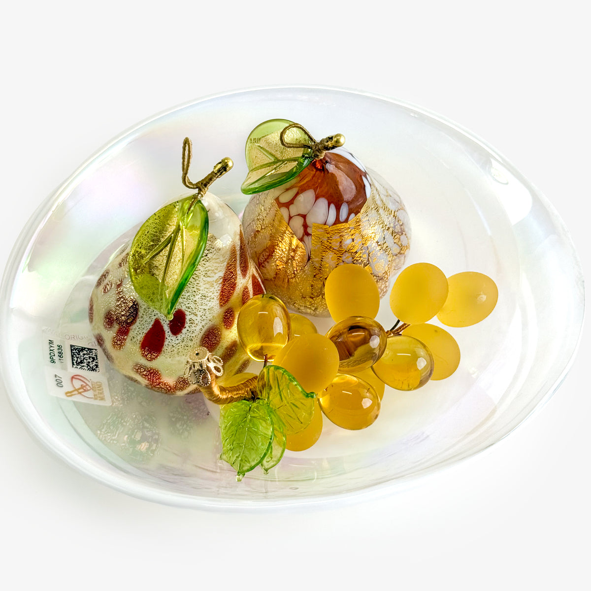 Artificial Murano glass fruit bowl bundle with pears and grape cluster, decorative floral display by My Italian Decor