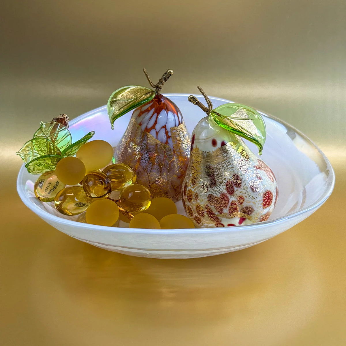 Artificial Murano glass fruit bowl bundle with realistic pears and grape cluster from My Italian Decor.