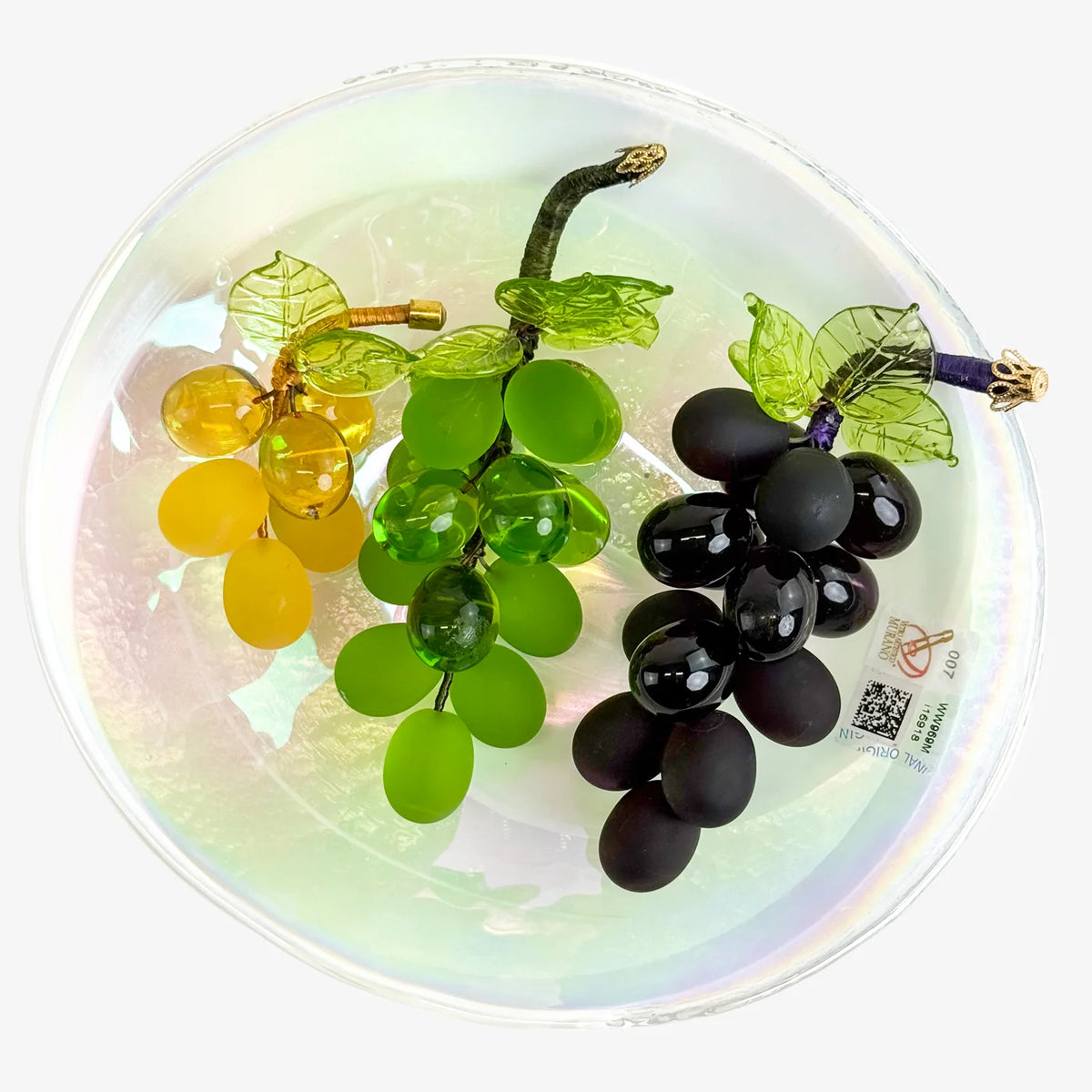 Artificial Murano glass grapes and bowl set by My Italian Decor, featuring colorful, realistic fruit-shaped decor for home display.