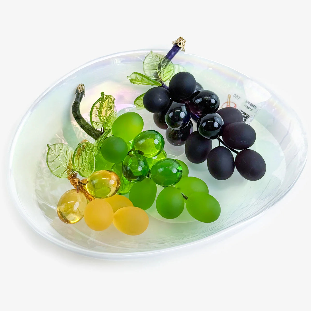 Artificial Murano glass grapes and bowl set from My Italian Decor, featuring vibrant, hand-crafted glass fruit in a decorative bowl.
