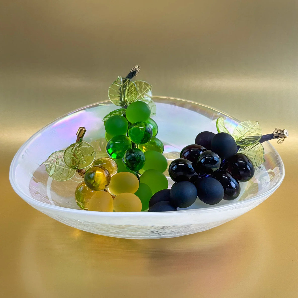 Artificial Murano glass grapes and bowl set, decorative fruit bundle by My Italian Decor, showcasing colorful glass fruit and a clear bowl.