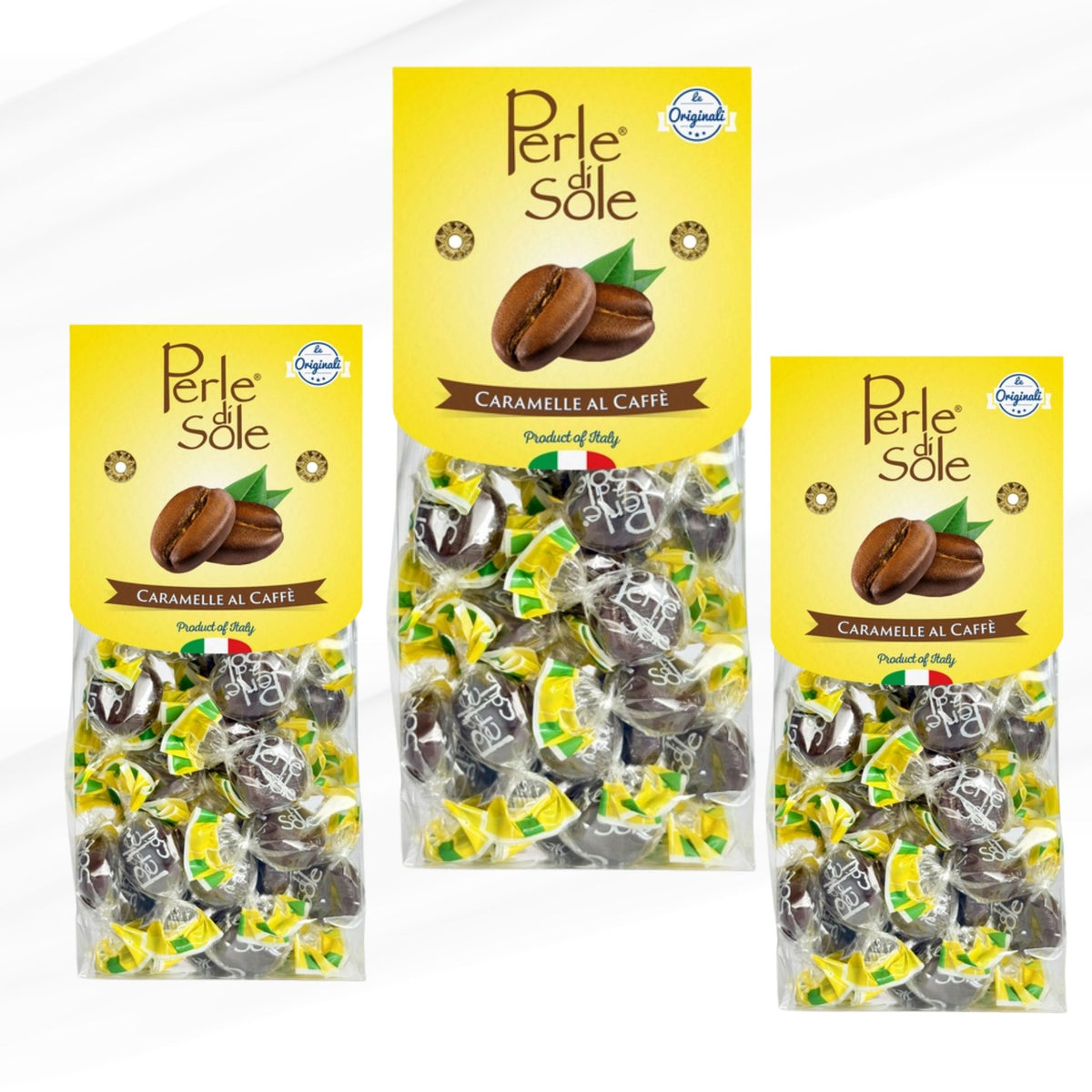 Three bags of Perle di Sole coffee hard candies by My Italian Decor, gluten-free, halal, natural flavors, made in Italy.