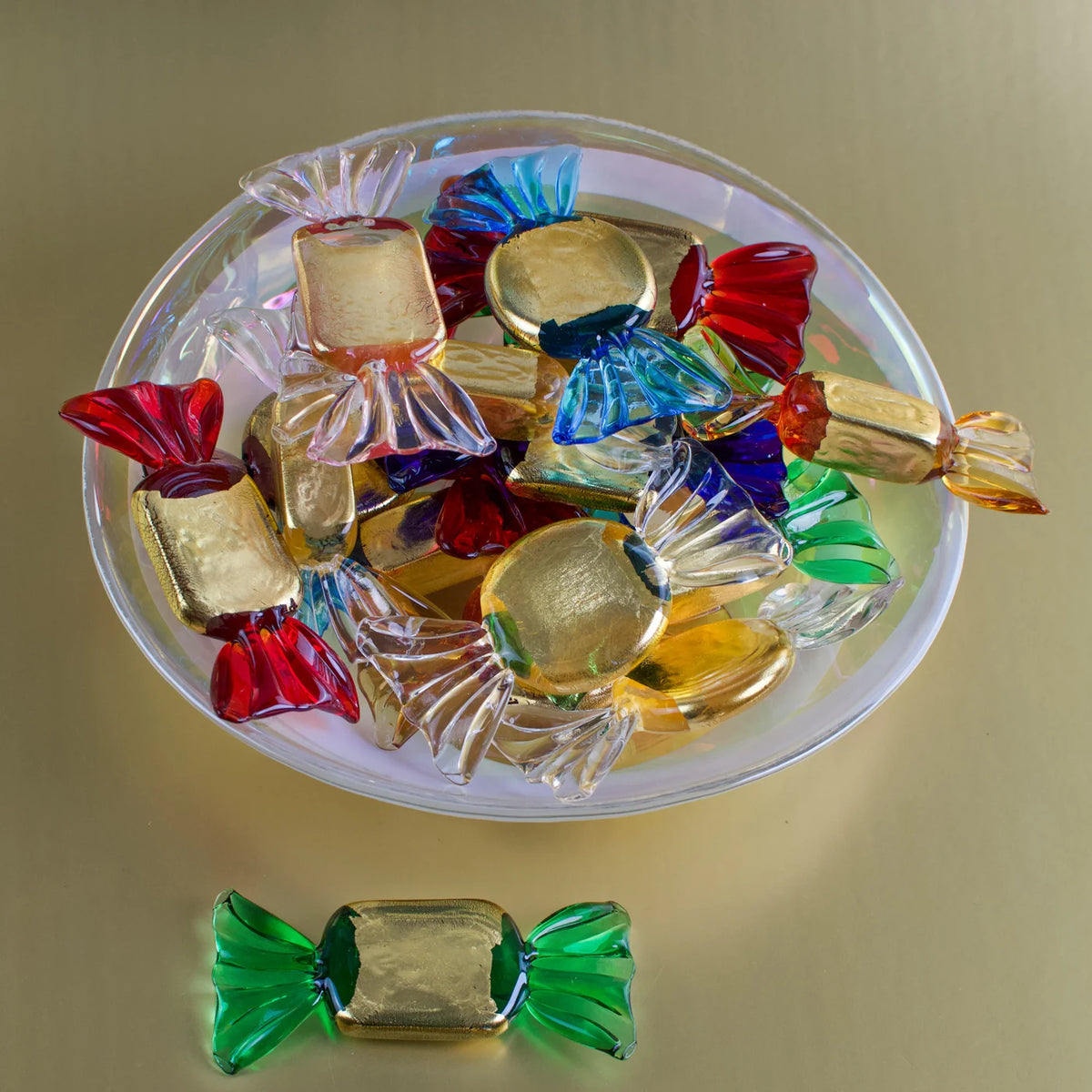 Set of gold Murano glass candy artificial food decorations by MyItalianDecor, showcasing shiny, detailed candy replicas.