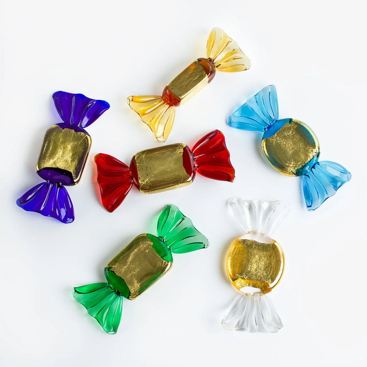 Set of gold Murano glass candy decorations, artificial food, crafted by MyItalianDecor, displayed on a neutral background.