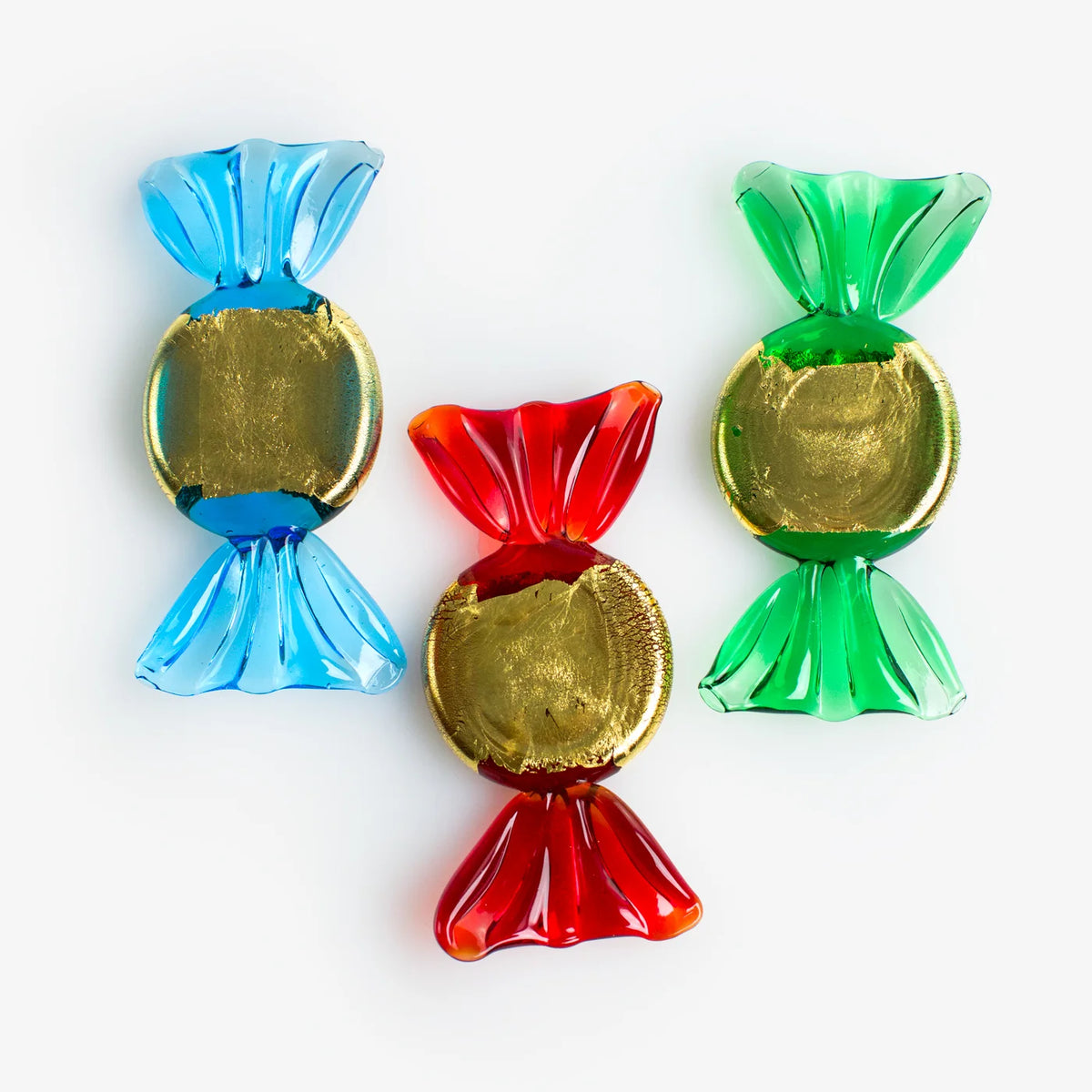 Set of gold Murano glass candy artificial food decorations from MyItalianDecor, showcasing shiny, detailed gold-colored candy pieces.