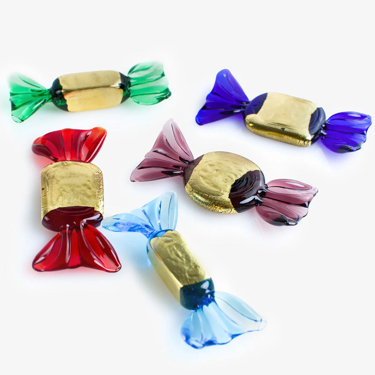 Set of gold Murano glass candy replicas by MyItalianDecor, artificial food decor with shiny, detailed candy shapes.