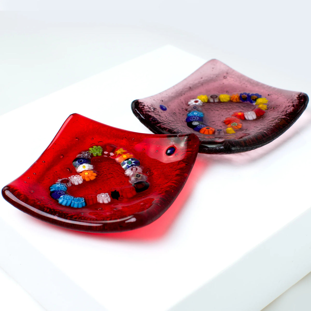 Murano glass heart-shaped catch-all dish with colorful Millefiori pattern, 3.25 inches decorative tray for jewelry or small items.